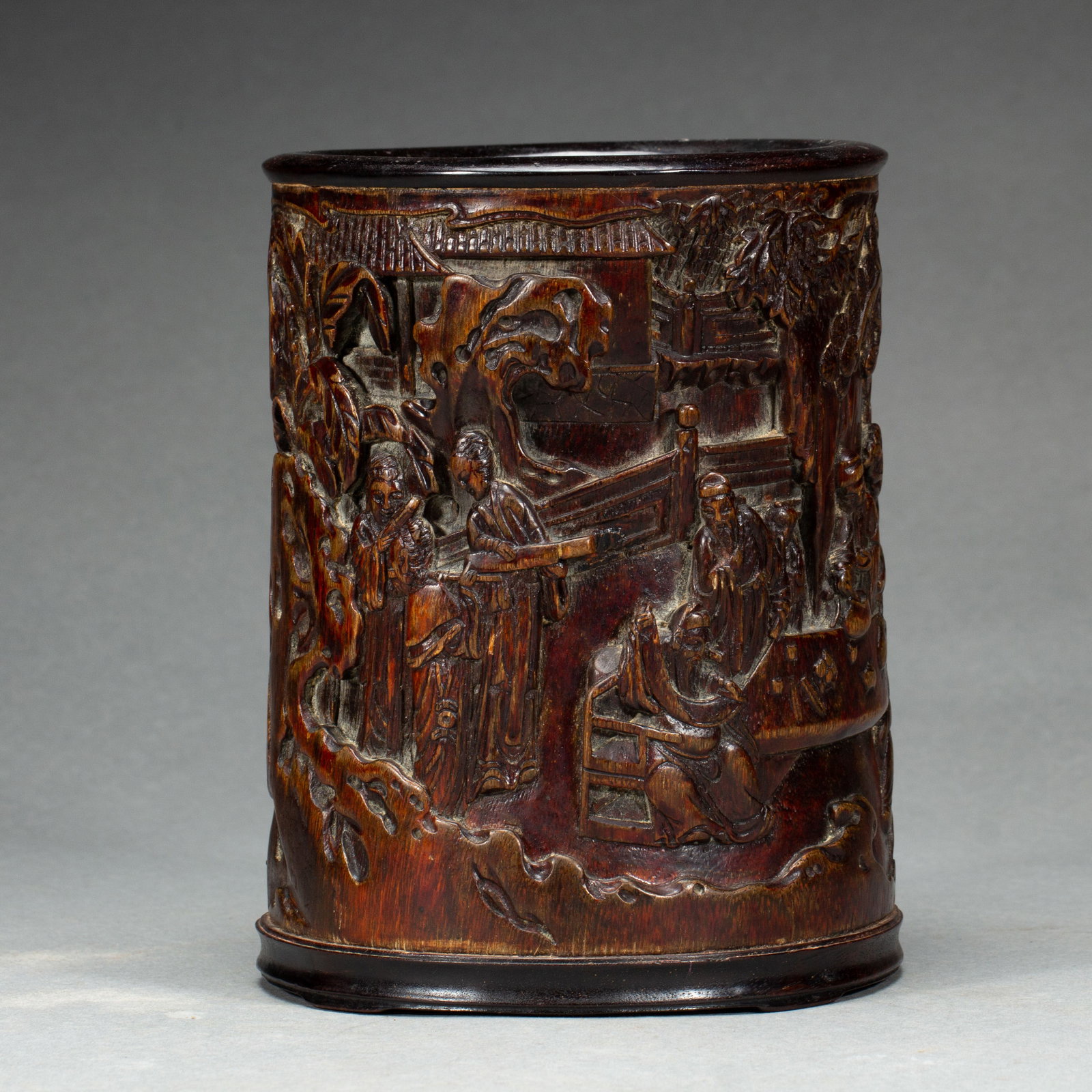 A Chinese Agarwood Carved Figural Brush Pot: A Chinese Agarwood Carved Figural Brush Pot (13 x 13 x 16cm,Weight 510g)