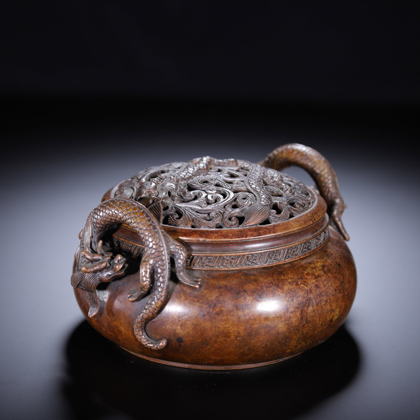 A Chinese Bronze Dragon-Handled Censer - 4