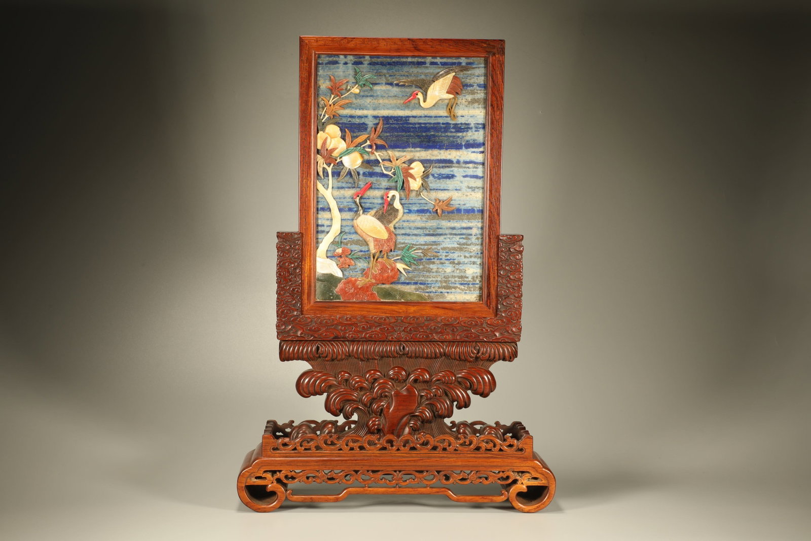 Huanghuali Wood Inlaid Multi GemStone and Lapis Carved Crane and Peach Pattern Table Plaque: Huanghuali Wood Inlaid Multi GemStone and Lapis Carved Crane and Peach Pattern Table Plaque (13 x 13 x 6.5cm,Weight 510g)