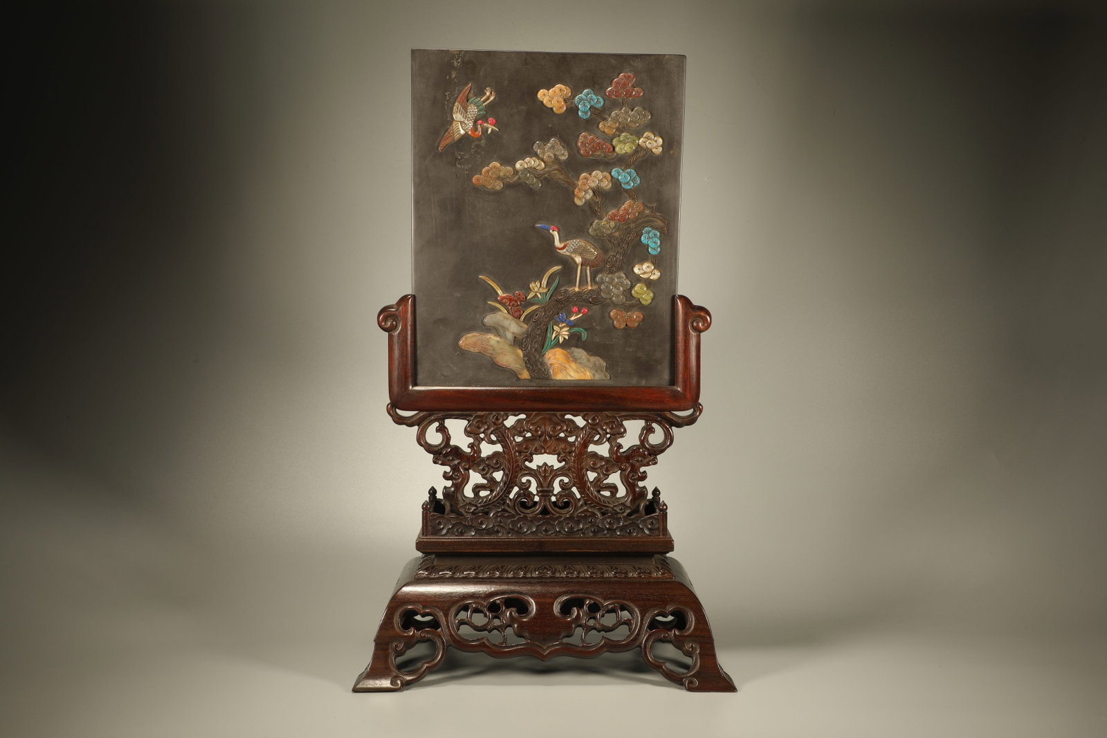 Red Sandalwood Inlaid Multi GemStone and Stone Carved Pine Tree and Crane Pattern Table Plaque: Red Sandalwood Inlaid Multi GemStone and Stone Carved Pine Tree and Crane Pattern Table Plaque (57 x 34 x 20cm)