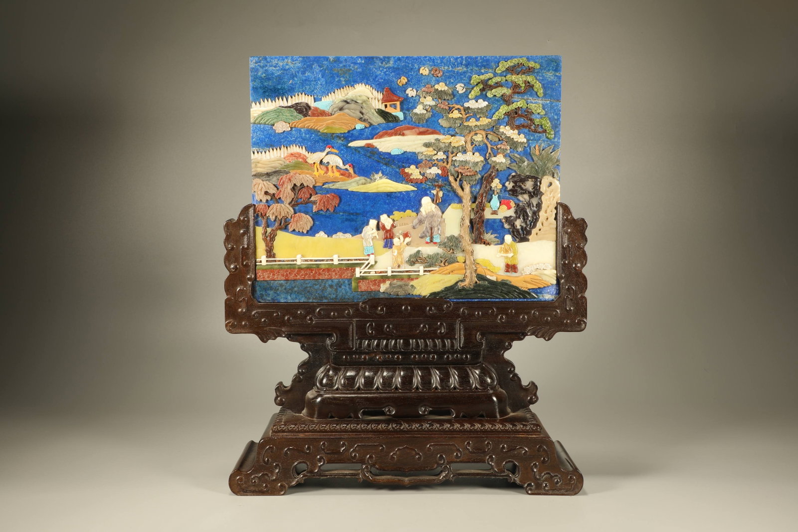 Red Sandalwood Inlaid Multi GemStone and Lapis Carved Landscape and Character Story Pattern Table: Red Sandalwood Inlaid Multi GemStone and Lapis Carved Landscape and Character Story Pattern Table Plaque (39 x 23 x 10cm)