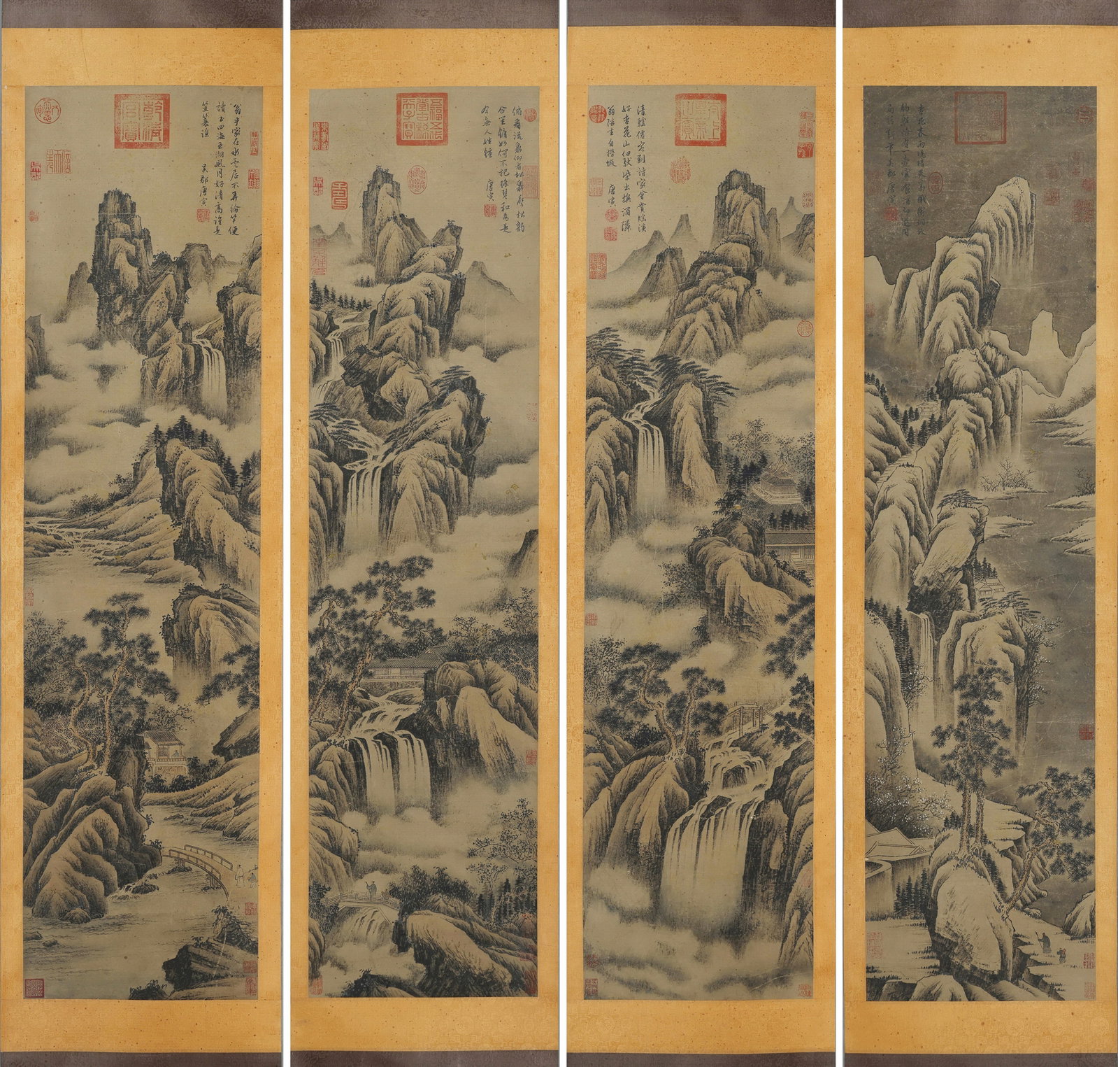 Tang Yin mark, Four Chinese Landscape paintings, Ink on Paper, Hanging Scroll (1 of 8)