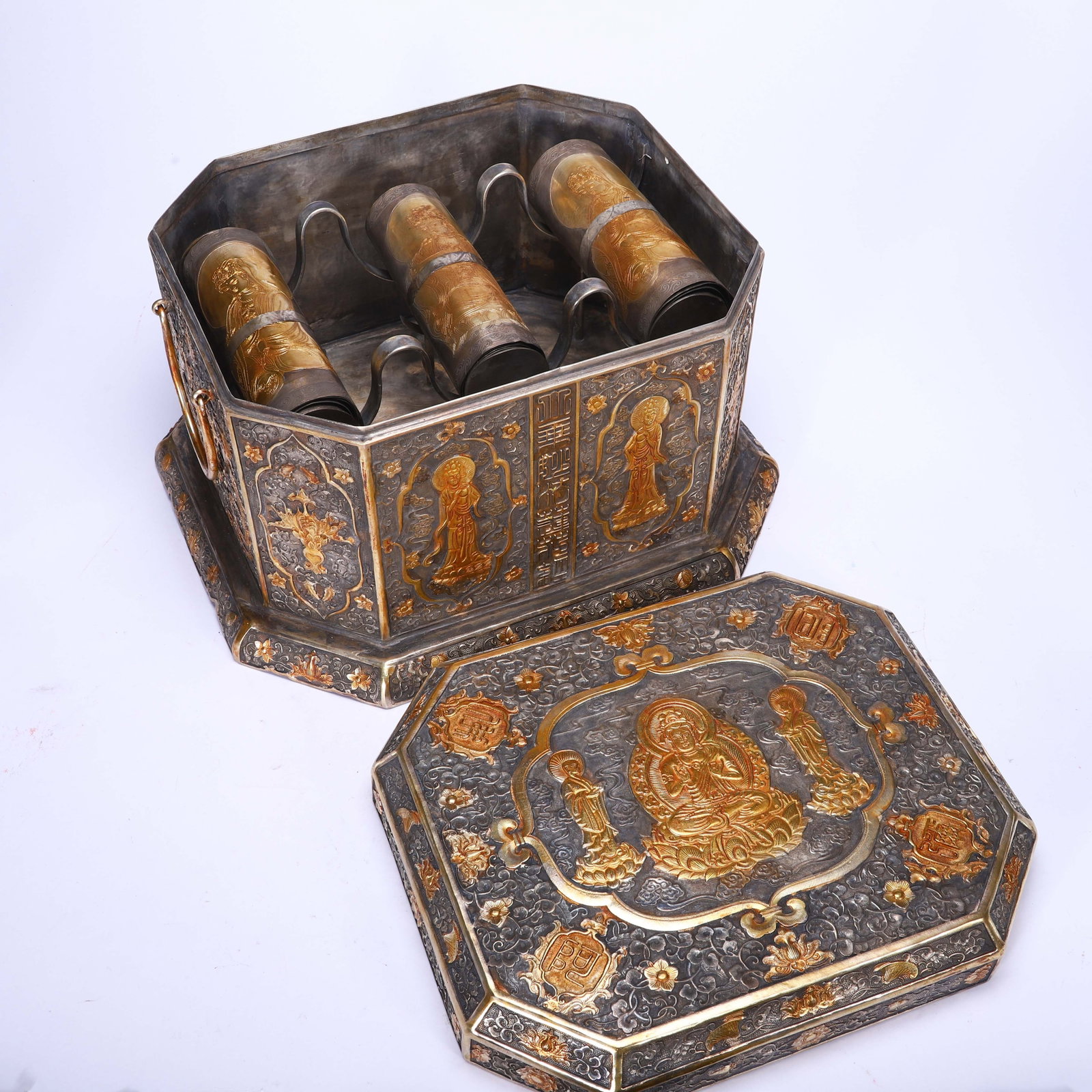 A Chinese Gilt Silver Octagonal Sutra Box - 4