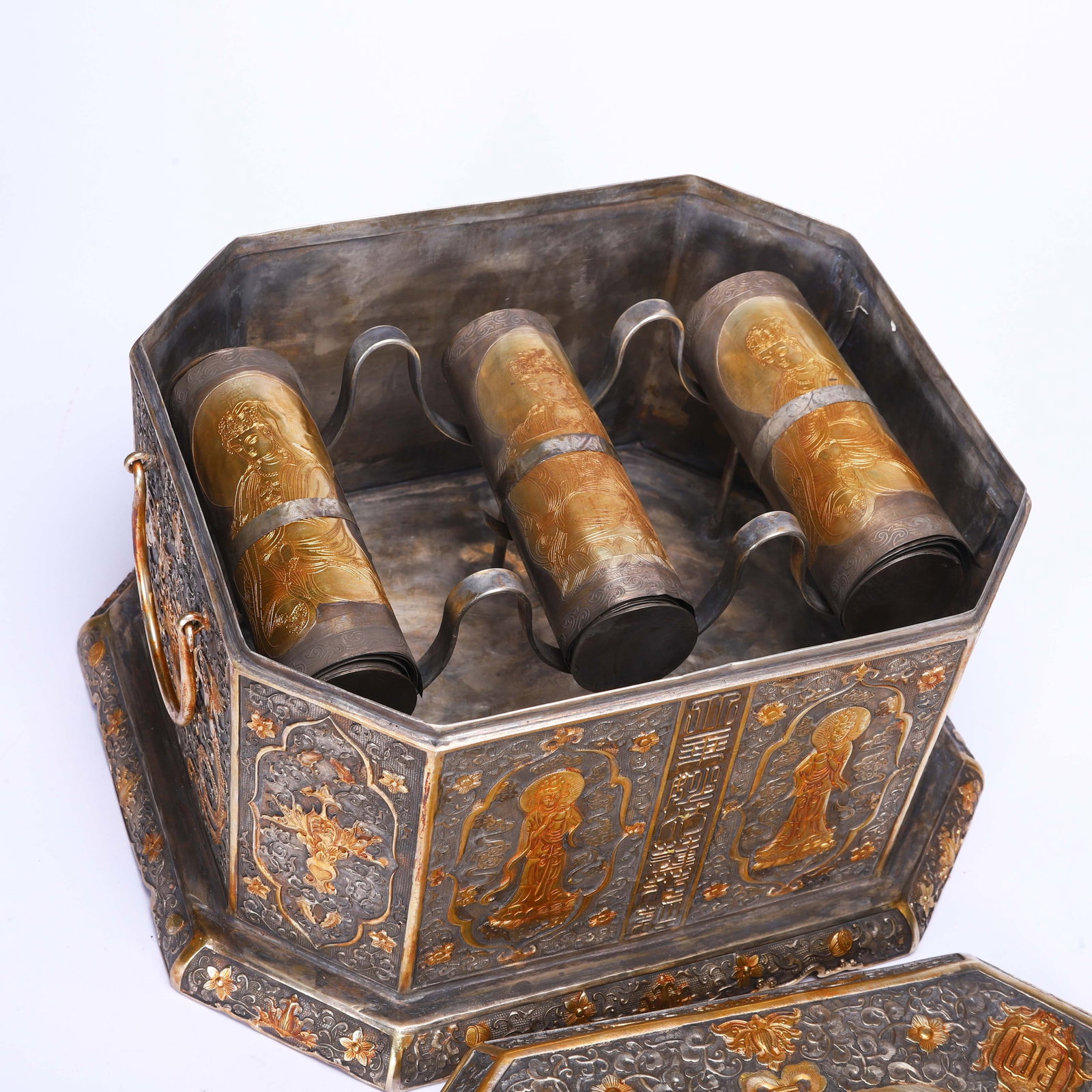 A Chinese Gilt Silver Octagonal Sutra Box - 5