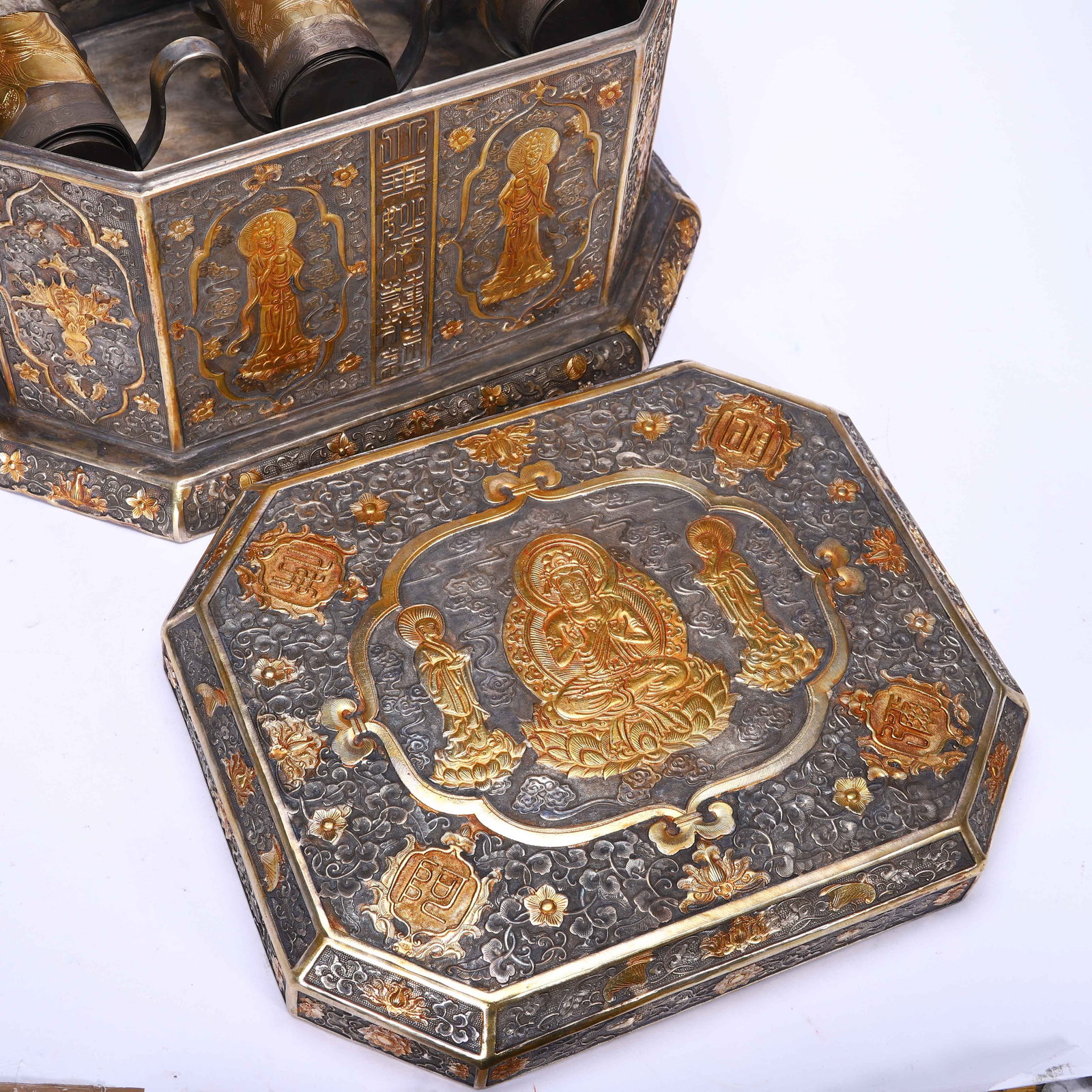 A Chinese Gilt Silver Octagonal Sutra Box - 6