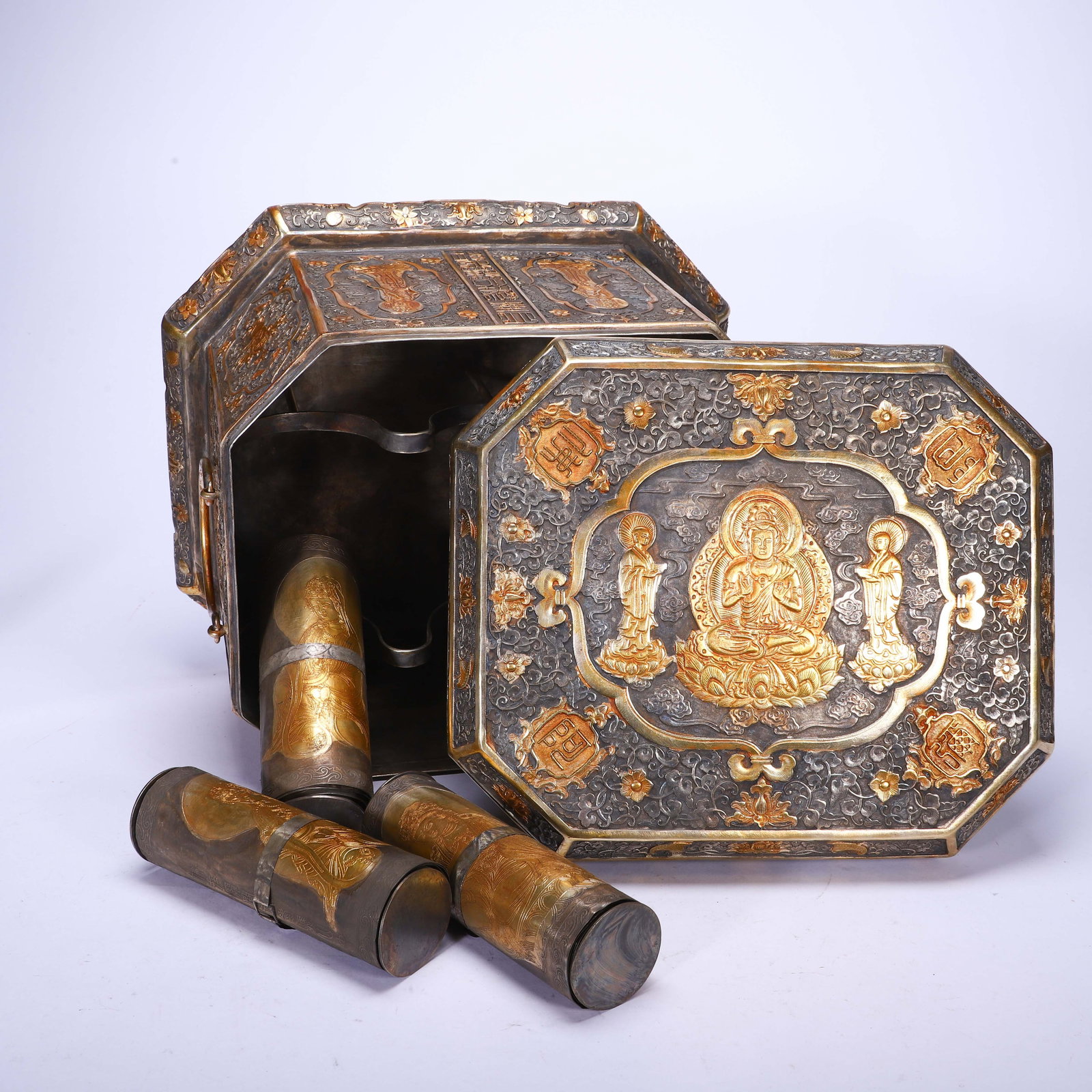 A Chinese Gilt Silver Octagonal Sutra Box - 7