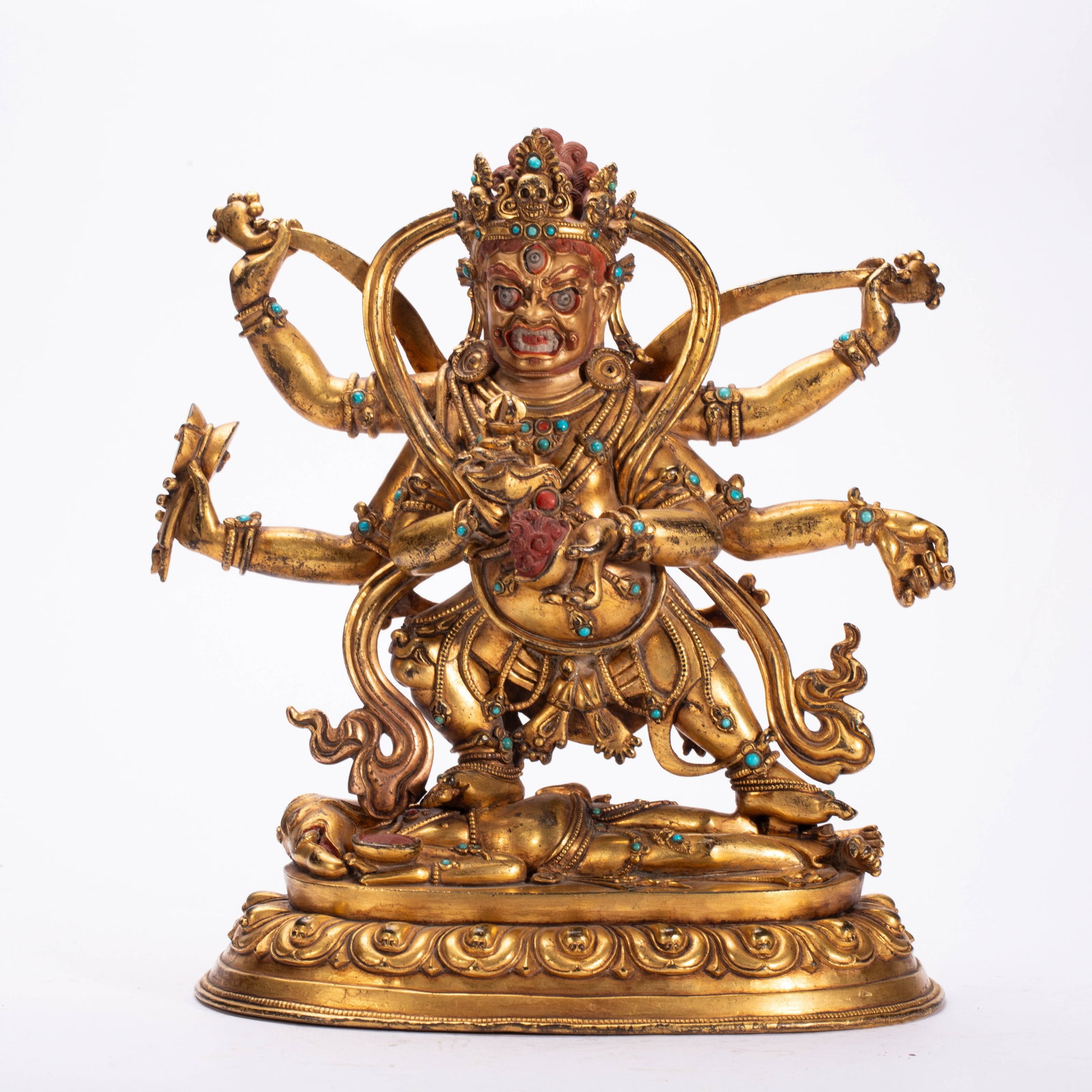 A Chinese Gilt Bronze Six-Armed Mahakala Statue: A Chinese Gilt Bronze Six-Armed Mahakala Statue (20 x 11.5 x 23cm,Weight 2510g)