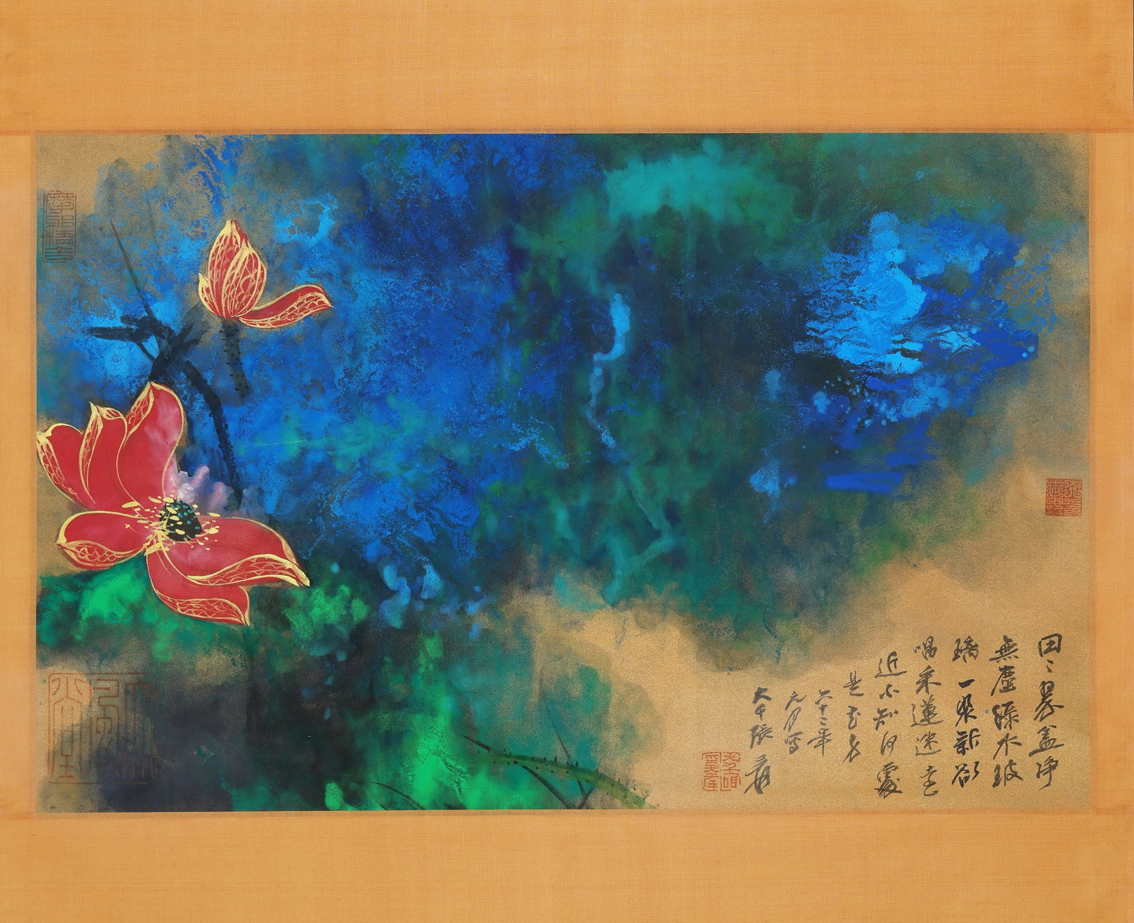Zhang Daqian mark, Chinese Lotus Pond painting, Ink and Color on Paper, Hanging Scroll: Zhang Daqian mark, Chinese Lotus Pond painting, Ink and Color on Paper, Hanging Scroll (70 x 45cm)