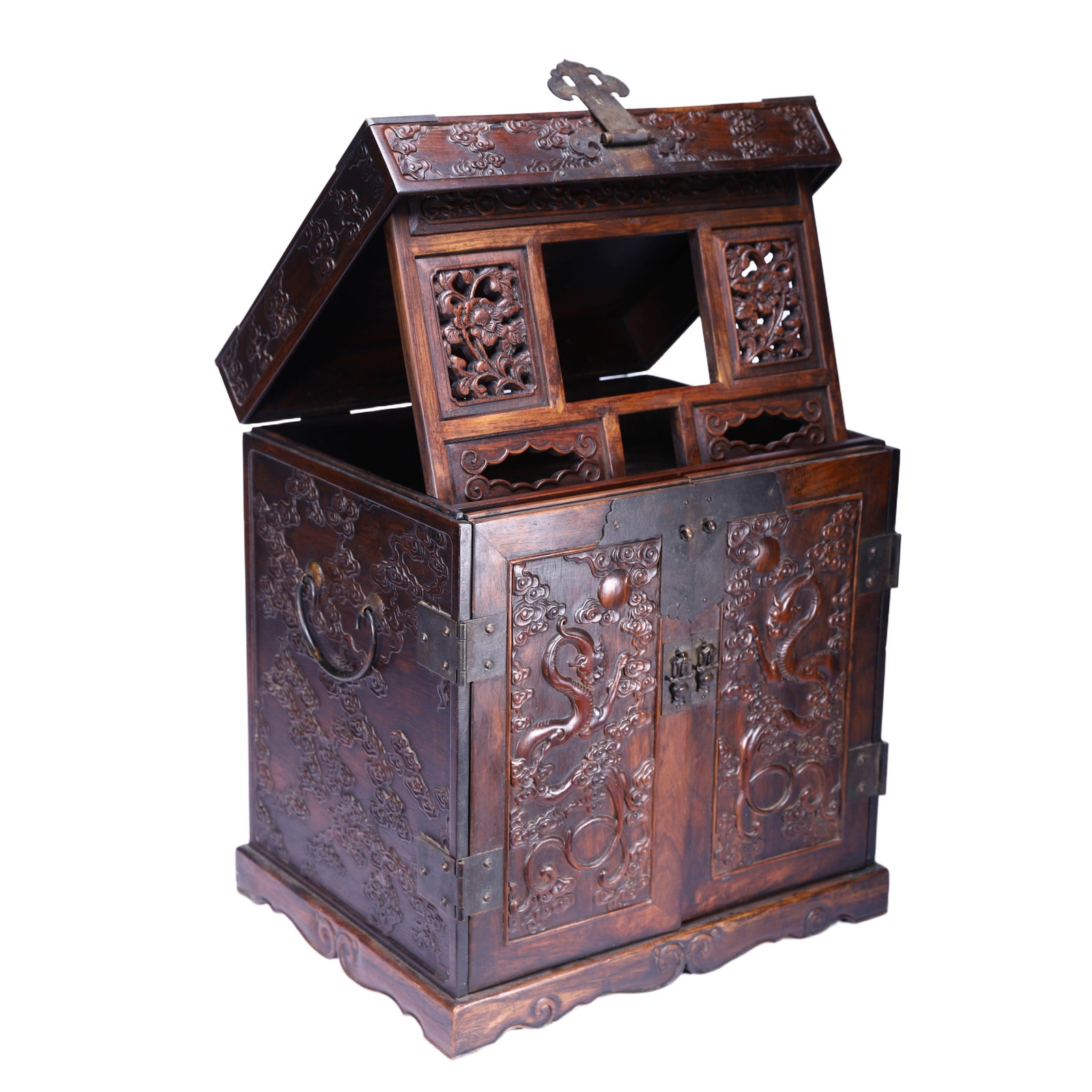 Chinese Huanghuali Wood Dragon-Carved Cabinet: Chinese Huanghuali Wood Dragon-Carved Cabinet (38 x 30 x 41cm,Weight 12660g)