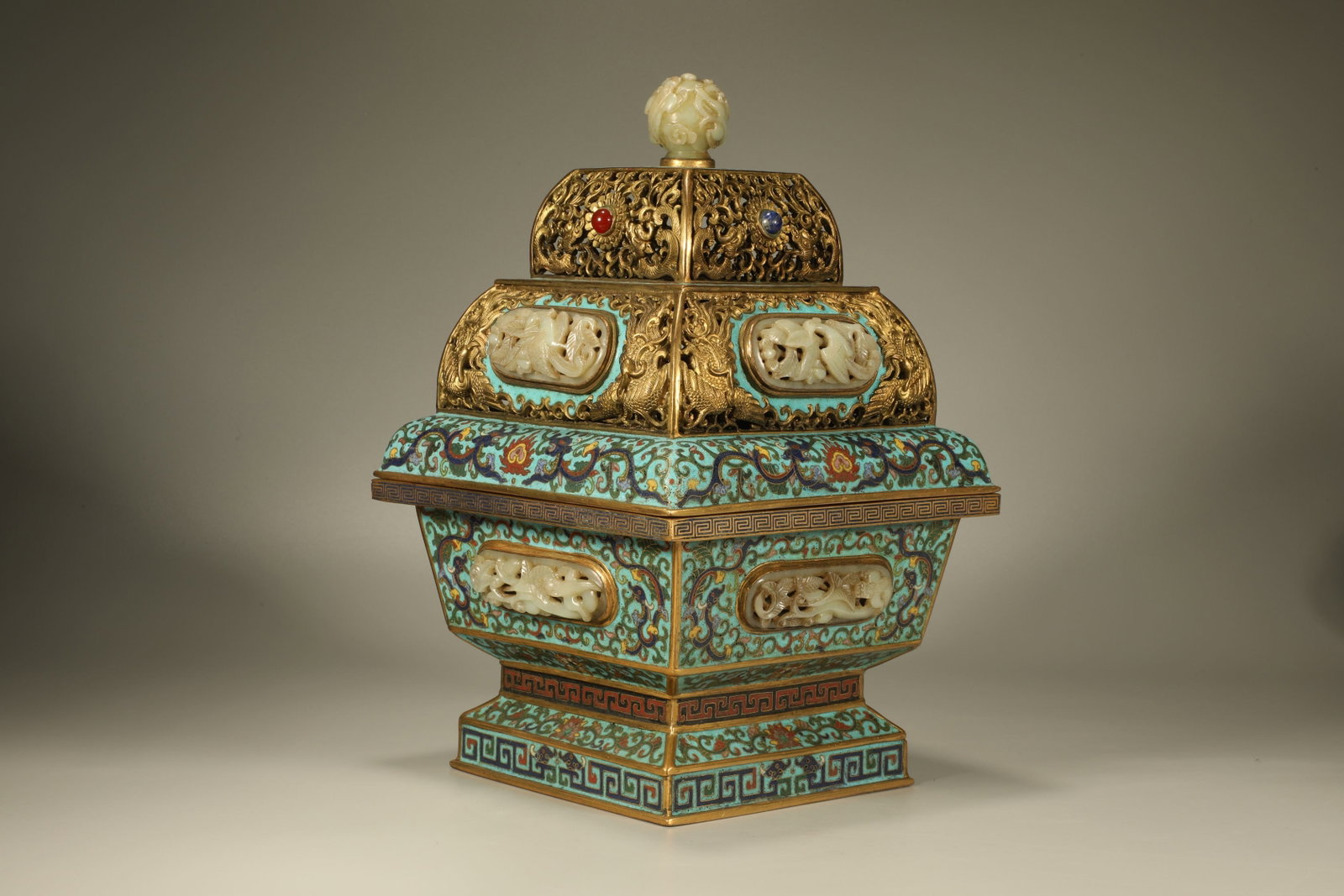 Bronze Cloisonne Inlaid Jade Carved Flower and Bird Pattern Incense Burner (1 of 8)