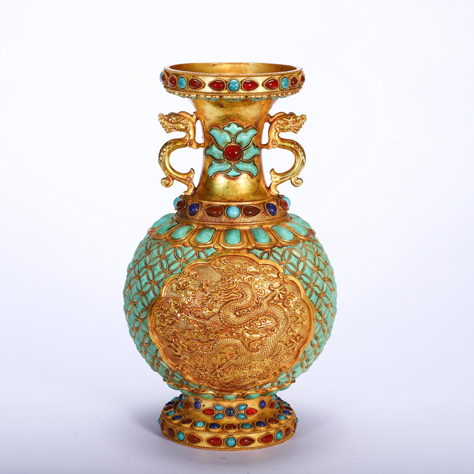 A Chinese Gilt Bronze Turquoise-Inlaid Dragon Vase (1 of 9)