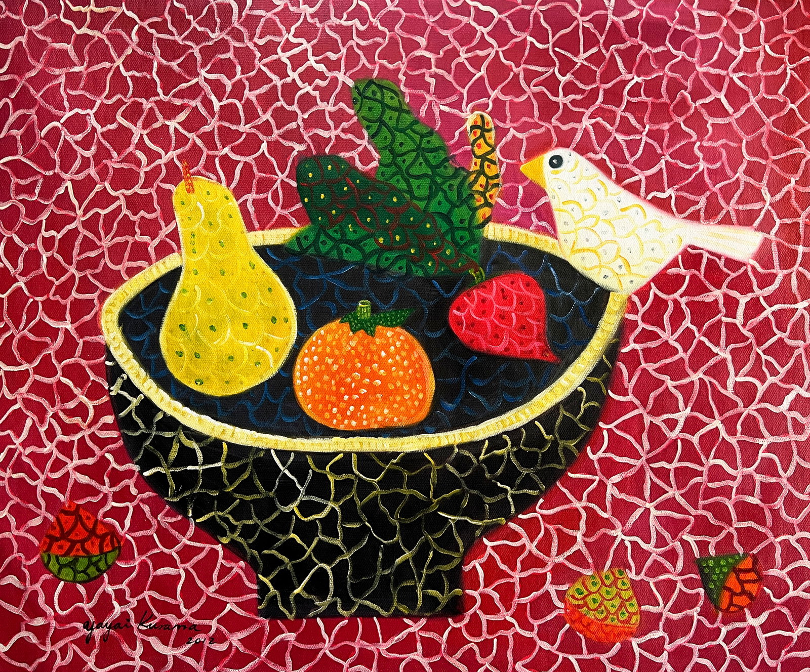 Yayoi Kusama, Fruits and Bird, Oil on Canvas: Yayoi Kusama, Fruits and Bird, Oil on Canvas (60 x 50cm)
