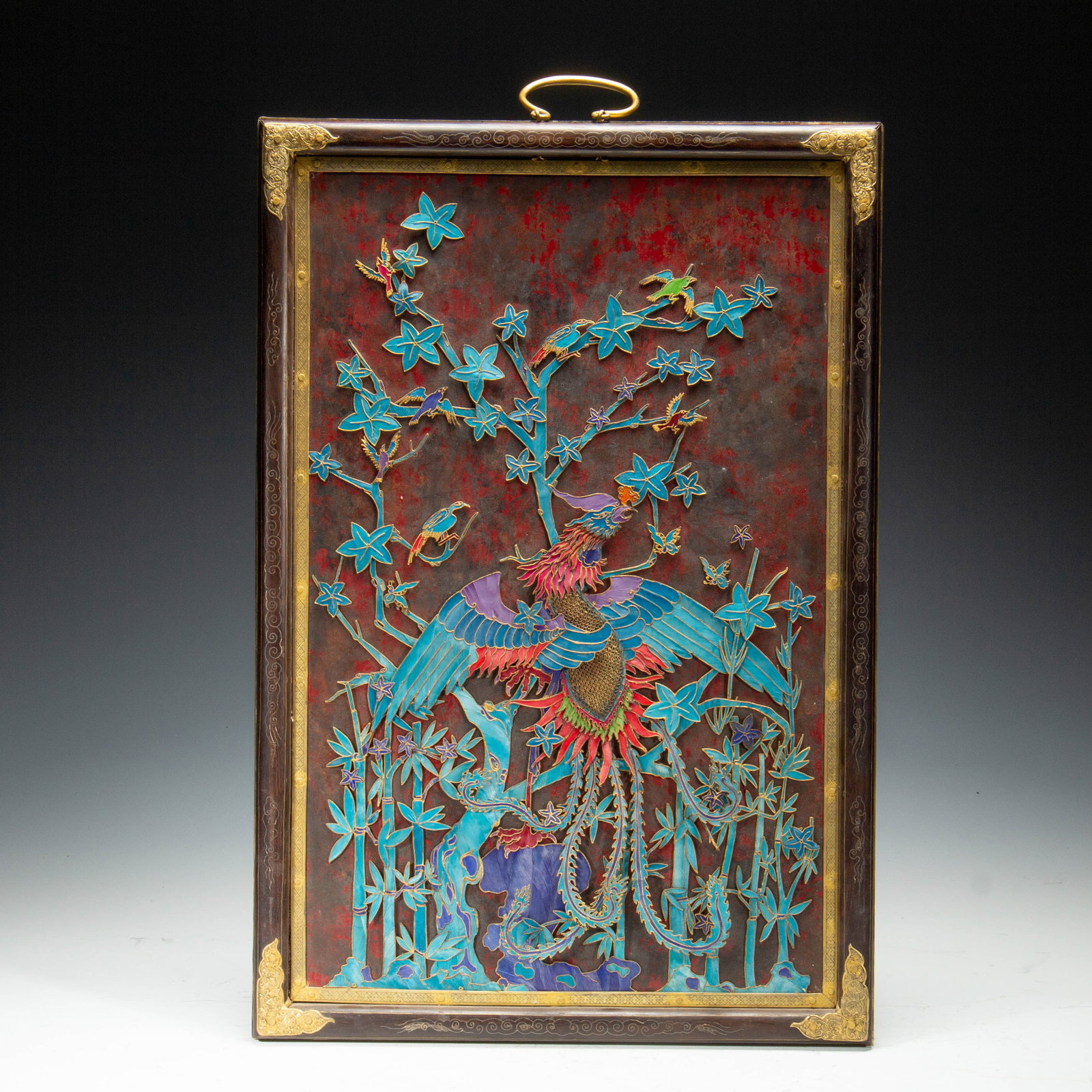 A Chinese Kingfisher Feather Phoenix Wall Panel: A Chinese Kingfisher Feather Phoenix Wall Panel (61 x 41cm,Weight 3590g)