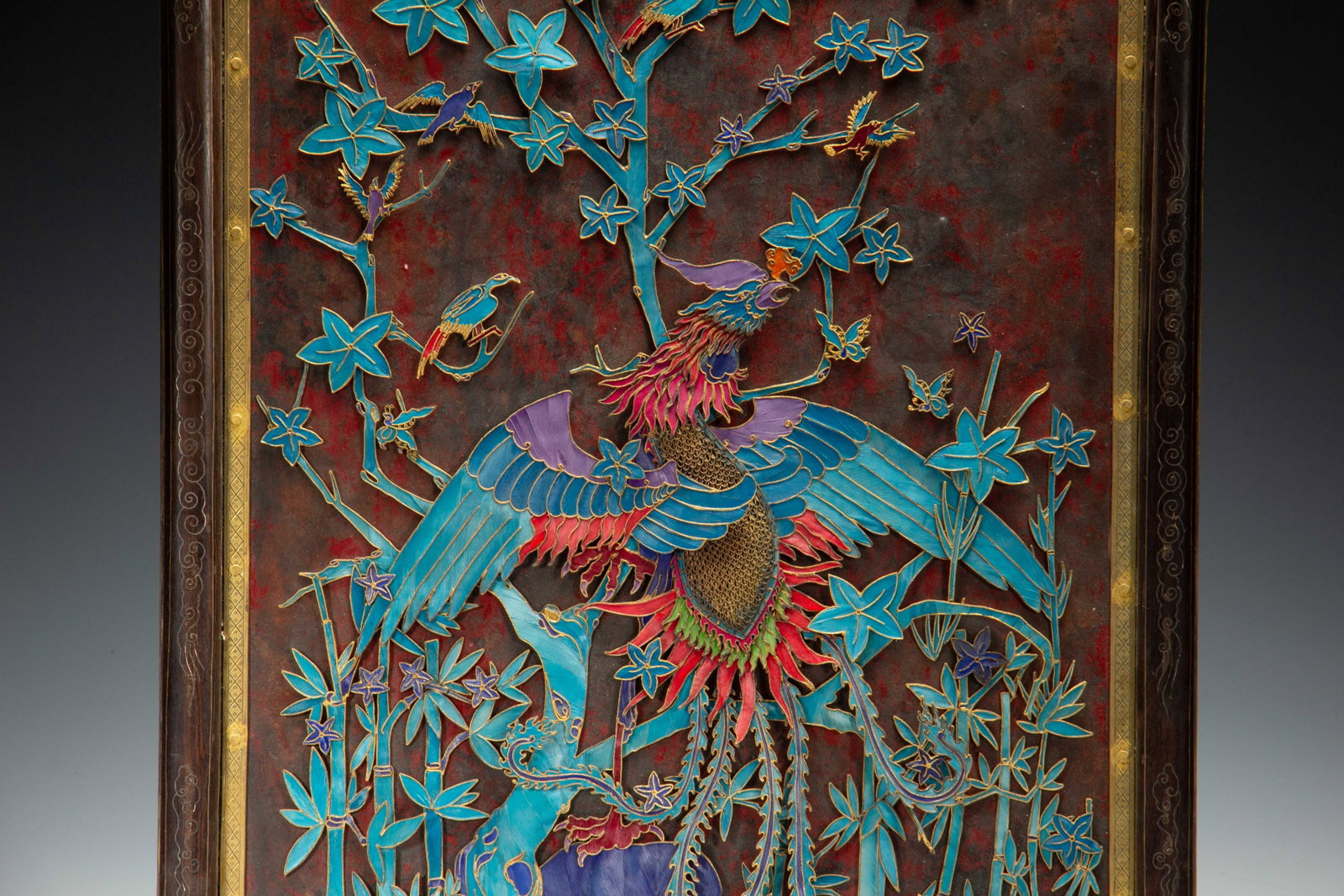 A Chinese Kingfisher Feather Phoenix Wall Panel - 4
