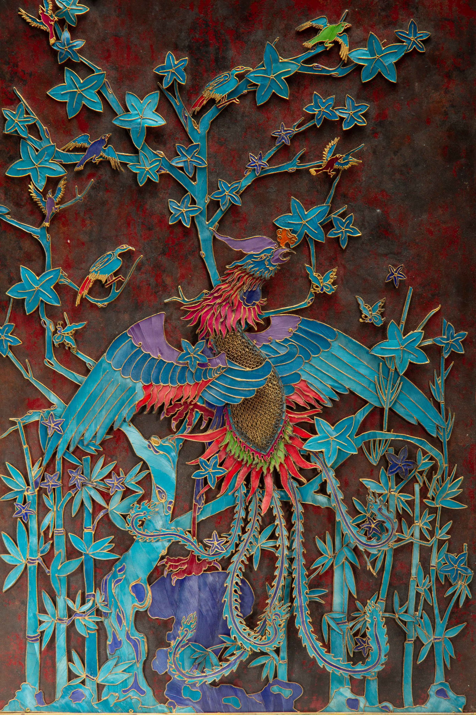 A Chinese Kingfisher Feather Phoenix Wall Panel - 6