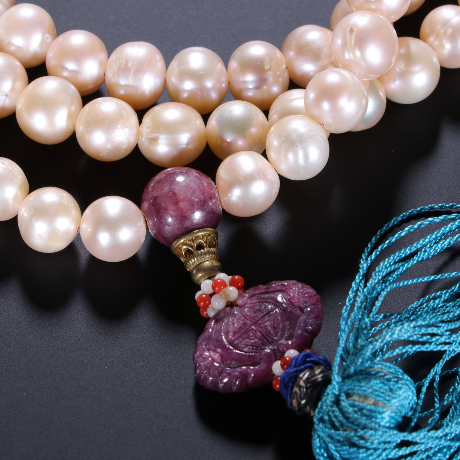 A Chinese Pearl Prayer Beads with Ruby Accents - 5