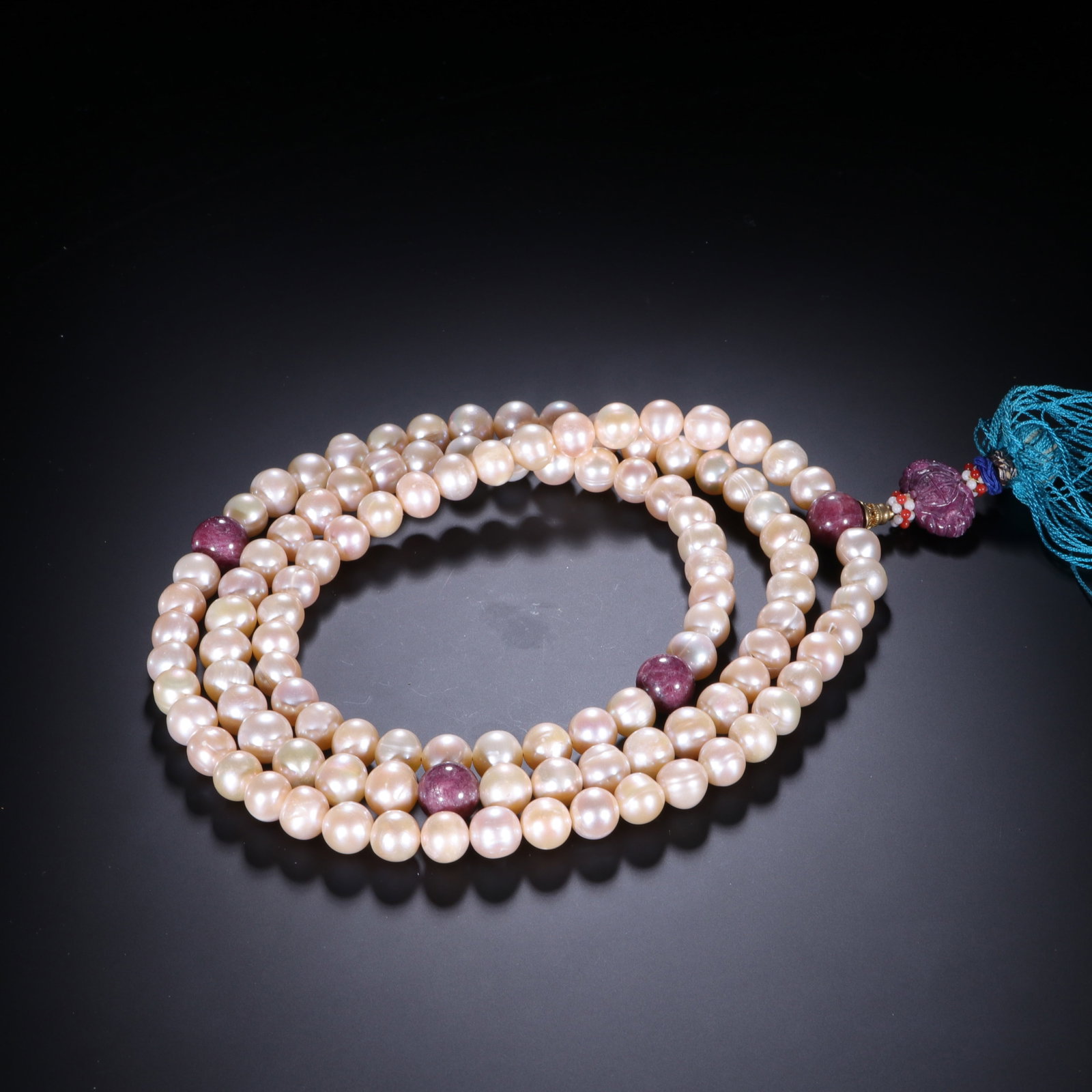 A Chinese Pearl Prayer Beads with Ruby Accents - 6