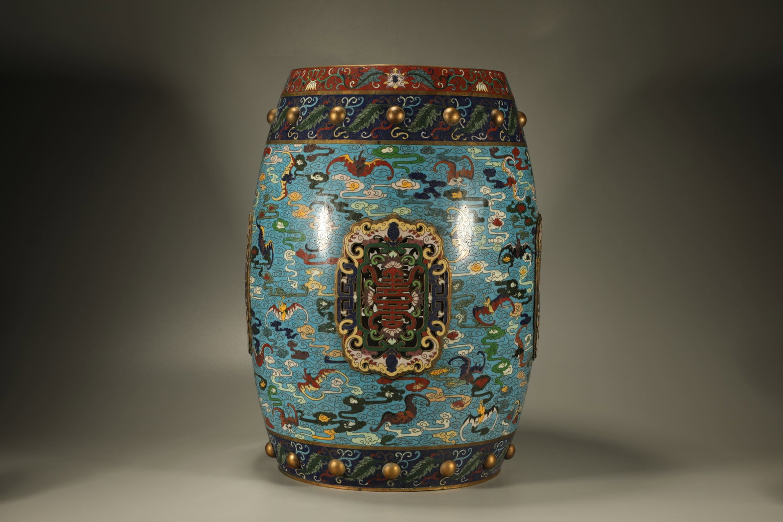 Bronze Cloisonne Carved Cloud and Bat & Shou Pattern Stool (1 of 8)