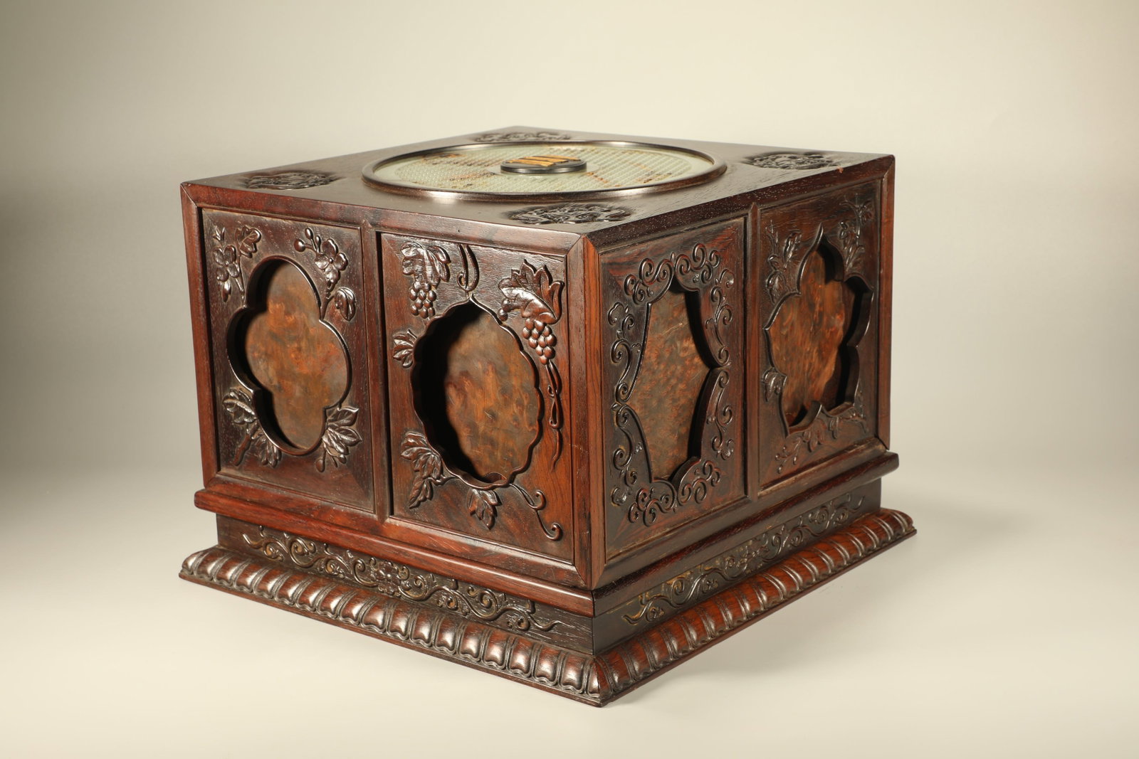 Huanghuali Wood Inlaid Cherry Wood and Jade Bi Carved Flower Pattern Lid Box (1 of 6)