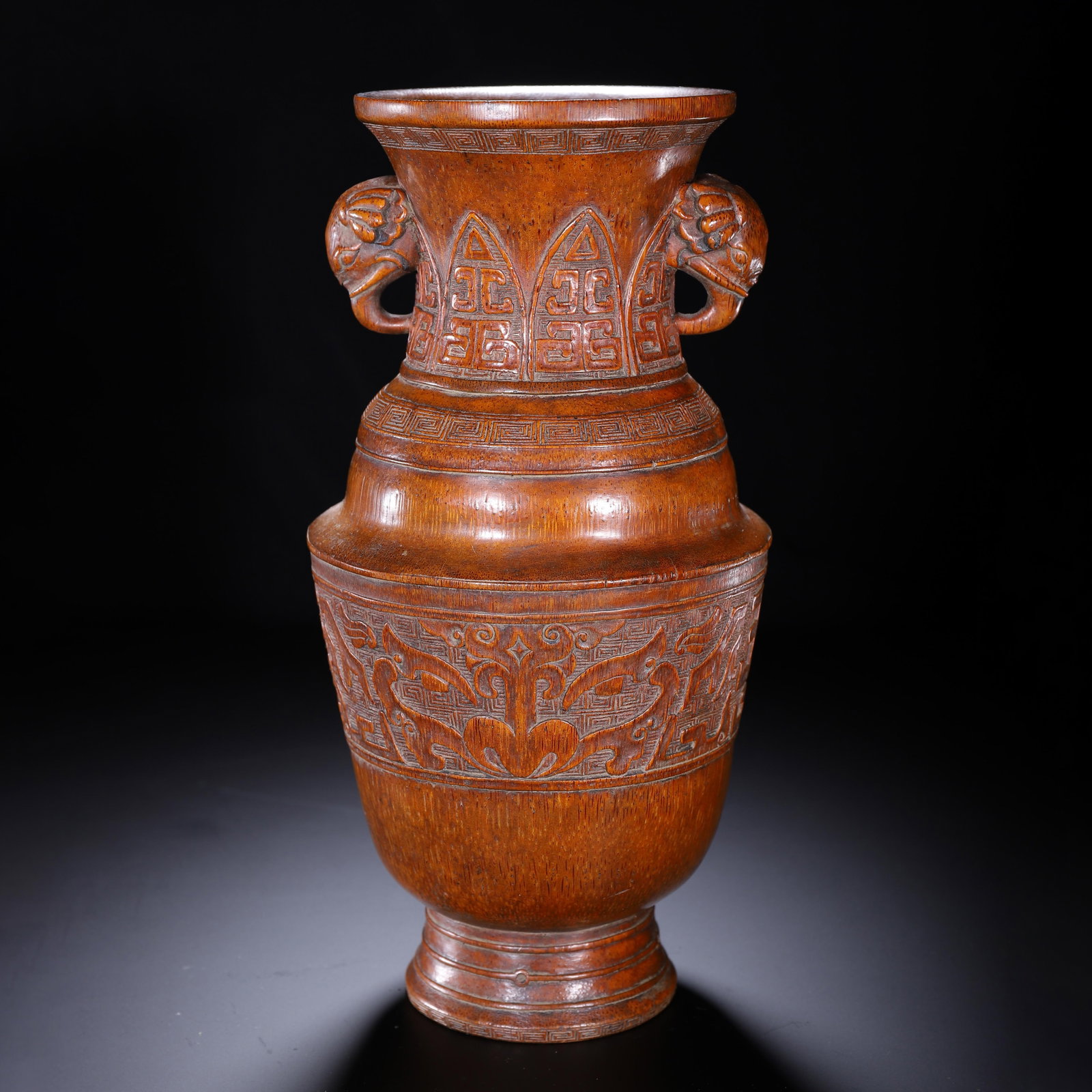 A Chinese Carved Bamboo Vase with Handles: A Chinese Carved Bamboo Vase with Handles (15 x 15 x 30cm,Weight 650g)