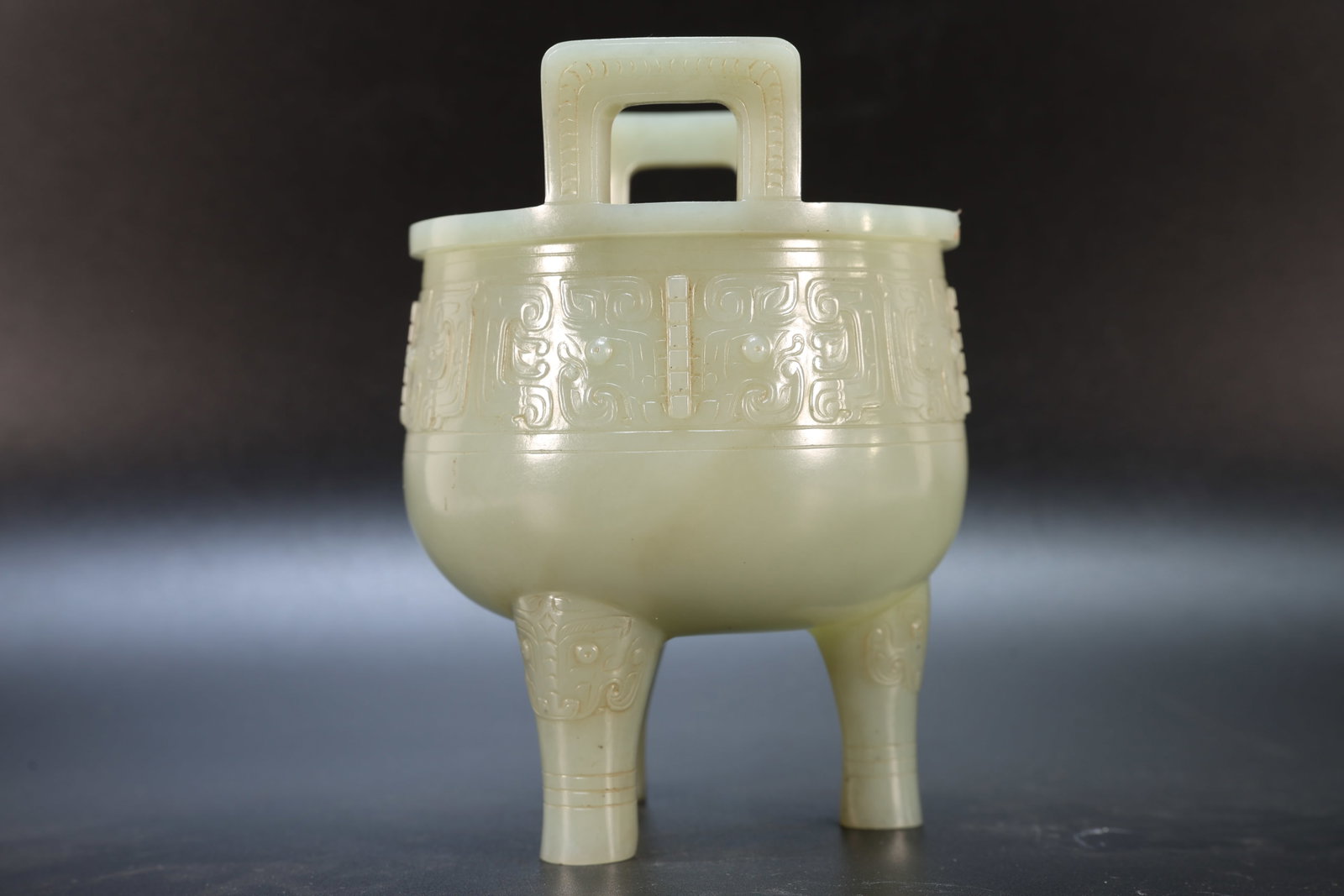 A Jade Carved Beast Face Pattern Double Ears Incense Burner - 12