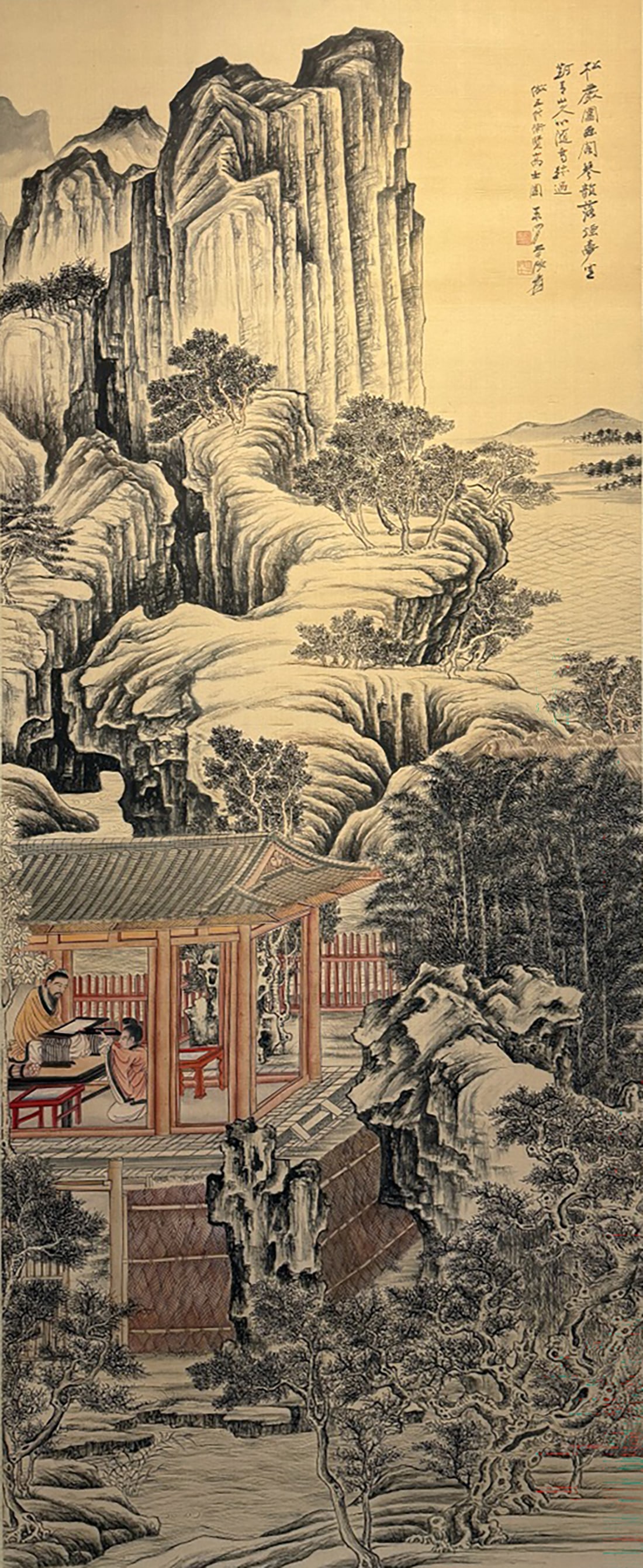 Zhang Daqian mark, Chinese Scholars painting, Ink and Color on Silk, Hanging Scroll: Zhang Daqian mark, Chinese Scholars painting, Ink and Color on Silk, Hanging Scroll (218 x 85cm)