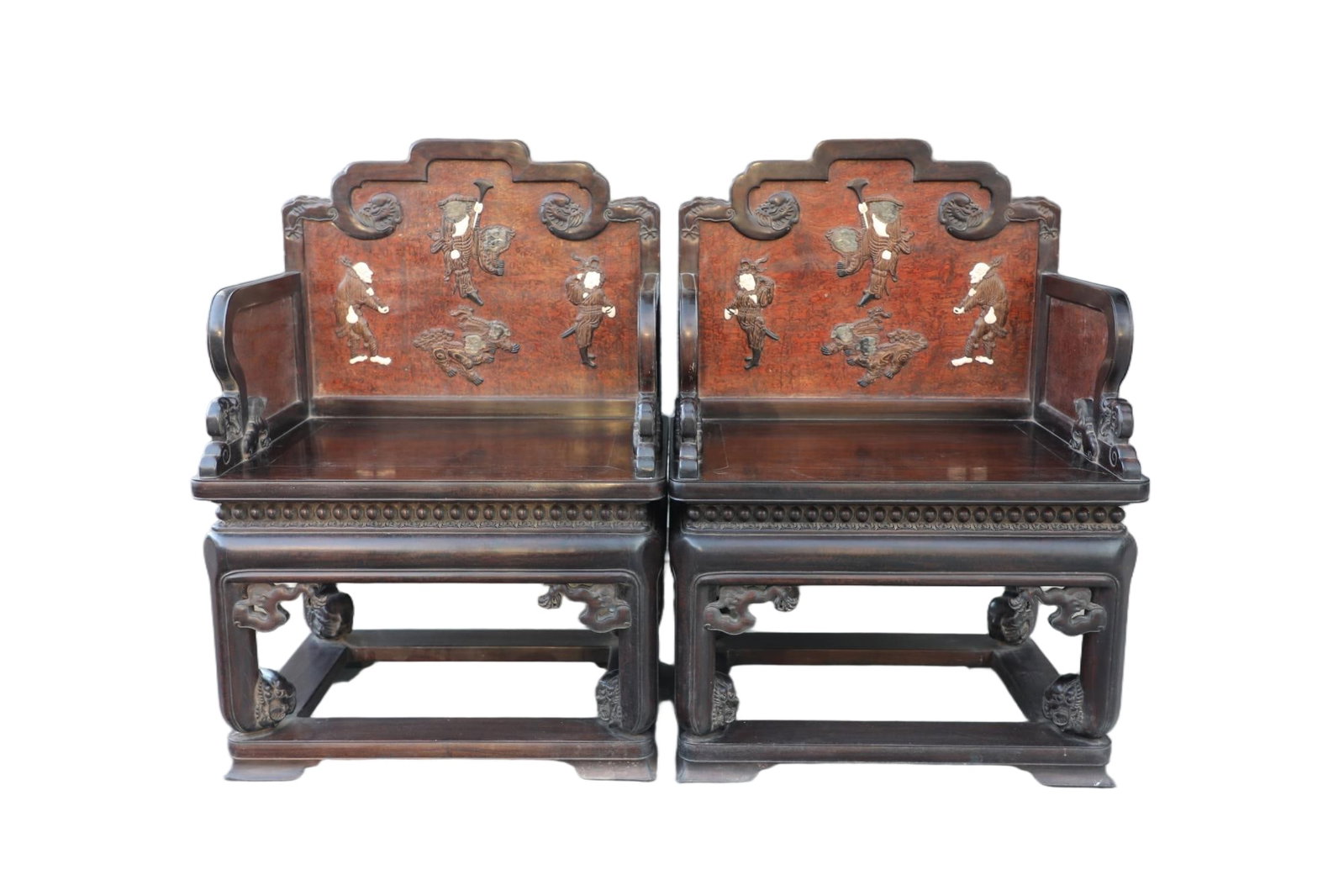 Pair of Red Sandalwood Inlaid Cherry Wood Carved Character Story and Lion Pattern Chair: Pair of Red Sandalwood Inlaid Cherry Wood Carved Character Story and Lion Pattern Chair (75 x 56 x 105cm)