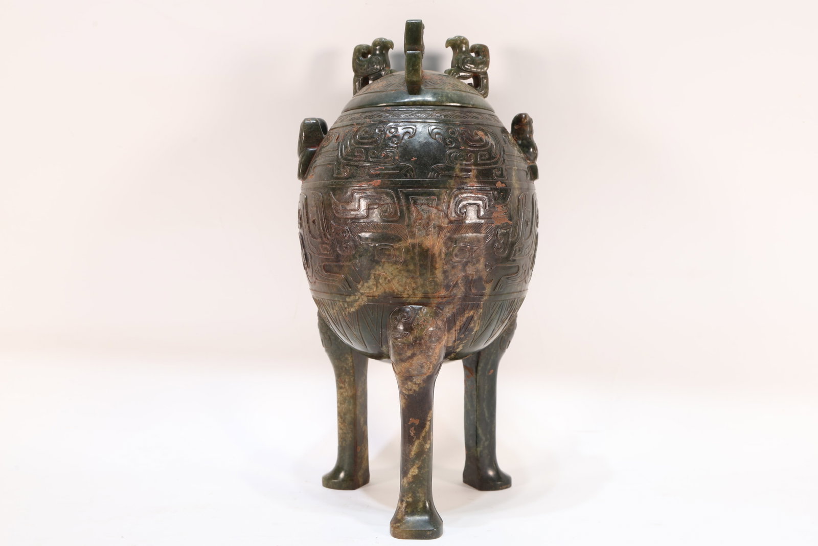 A Jade Carved Beast Face Pattern Double Bird Ears Incense Burner: A Jade Carved Beast Face Pattern Double Bird Ears Incense Burner (10 x 5.5 x 5cm)