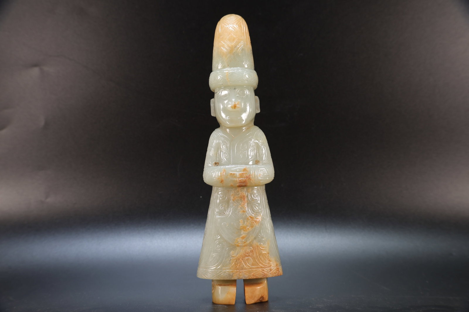 A Jade Carved Beast Face Pattern Character Shape Figure: A Jade Carved Beast Face Pattern Character Shape Figure (23 x 7 x 4cm)
