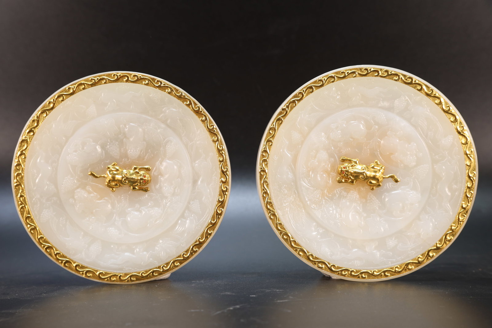 Pair of Jade Inlaid Solid Gold and Silver Carved Beast and Flying Beauty Pattern Mirror: Pair of Jade Inlaid Solid Gold and Silver Carved Beast and Flying Beauty Pattern Mirror (11.5 x 1cm)