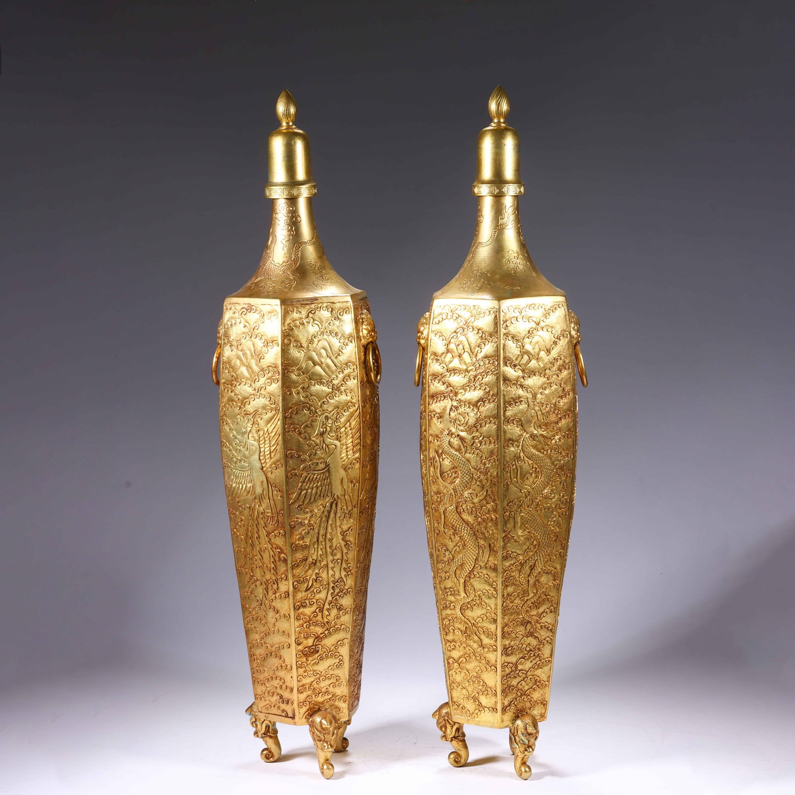 A Pair of Chinese Gilt Bronze Dragon and Phoenix Vases: A Pair of Chinese Gilt Bronze Dragon and Phoenix Vases (53 x 12cm)