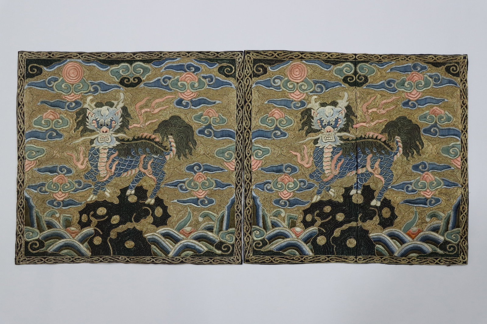 Pair of Silk Embroidery Kirin Pattern Clothes: Pair of Silk Embroidery Kirin Pattern Clothes (31 x 29cm)
