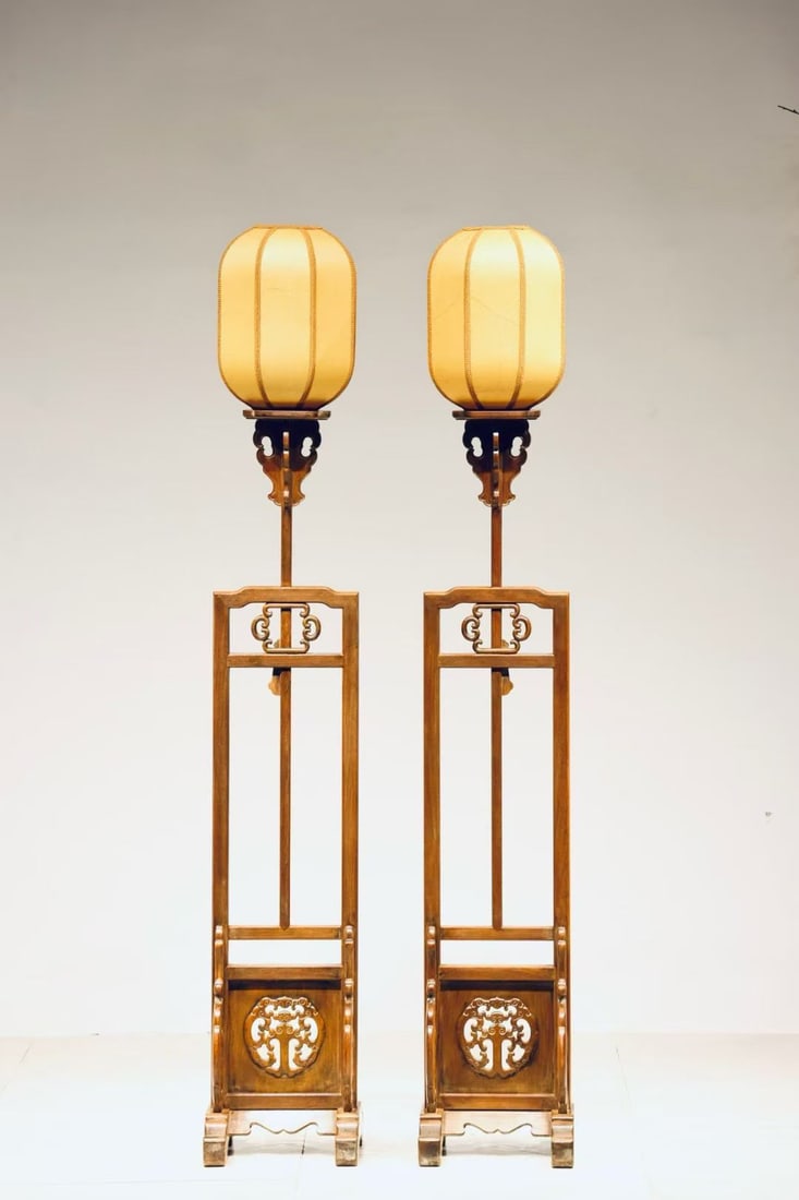 Pair of Huanghuali Wood Carved Dragon Pattern Palace Lanterns: Pair of Huanghuali Wood Carved Dragon Pattern Palace Lanterns (165cm)