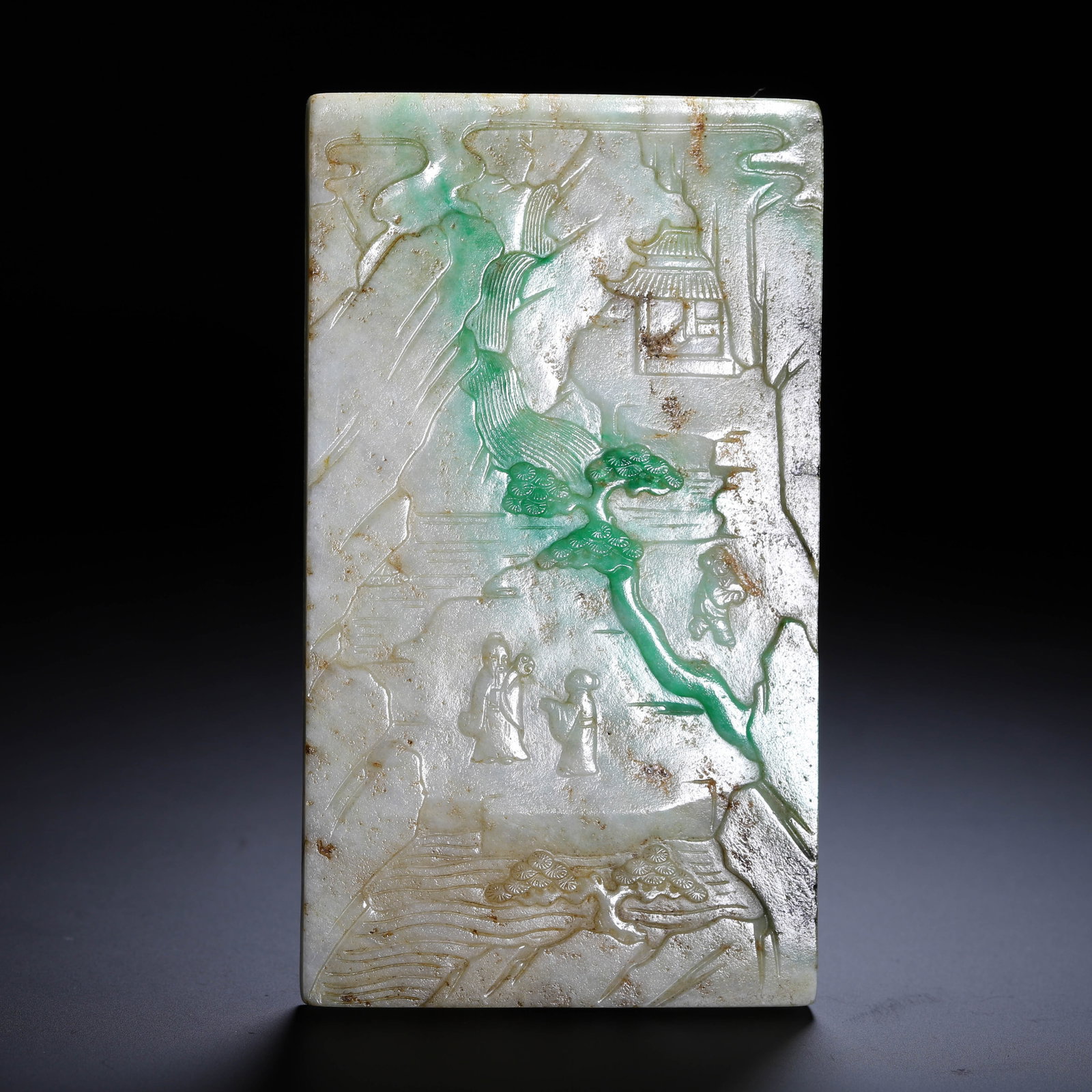 Chinese Carved Jadeite Landscape Plaque: Chinese Carved Jadeite Landscape Plaque (12 x 7cm,Weight 180g)