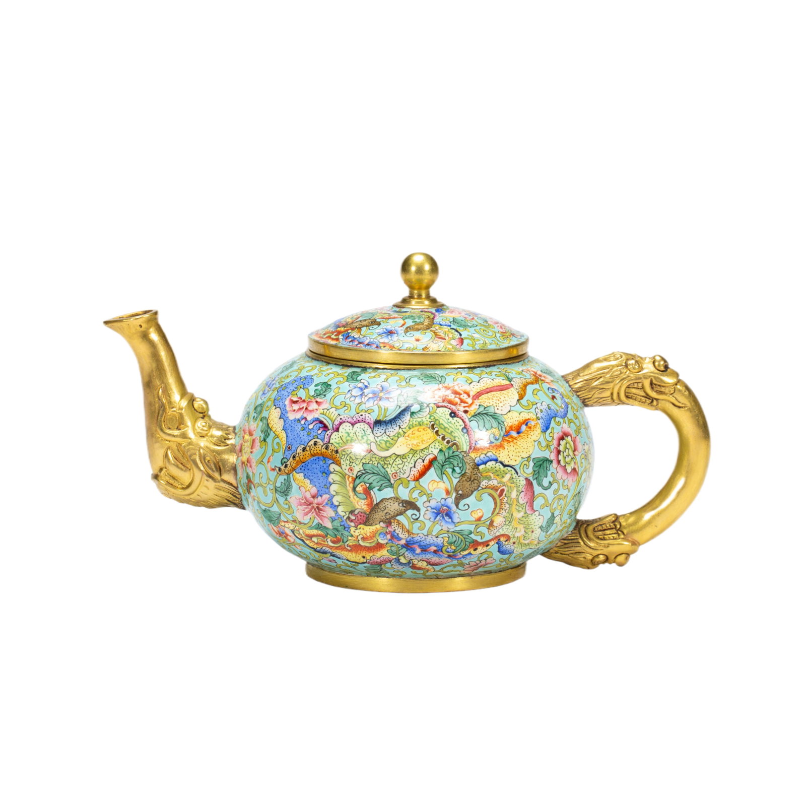 Chinese Painted Enamel Teapot with Gilt Dragon Spout: Chinese Painted Enamel Teapot with Gilt Dragon Spout (16 x 9 x 7cm,Weight 340g)