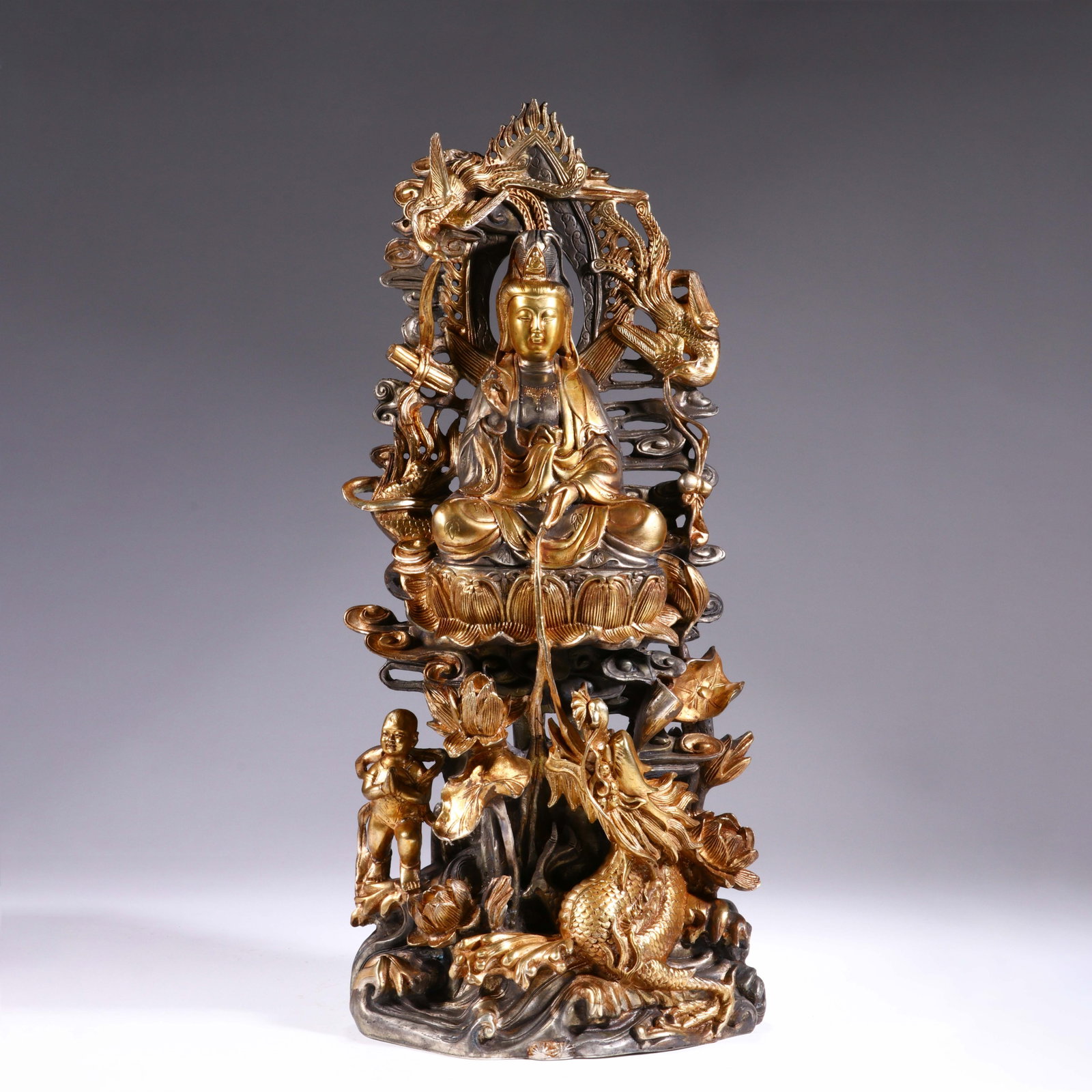 A Chinese Gilt and Silvered Bronze Guanyin Statue: A Chinese Gilt and Silvered Bronze Guanyin Statue (46 x 21cm)