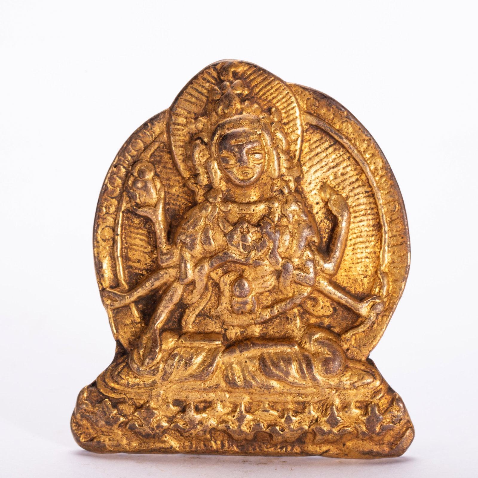A Chinese Gilt Bronze Six-Armed Deity Plaque: A Chinese Gilt Bronze Six-Armed Deity Plaque (7.5 x 6.5cm,Weight 120g)