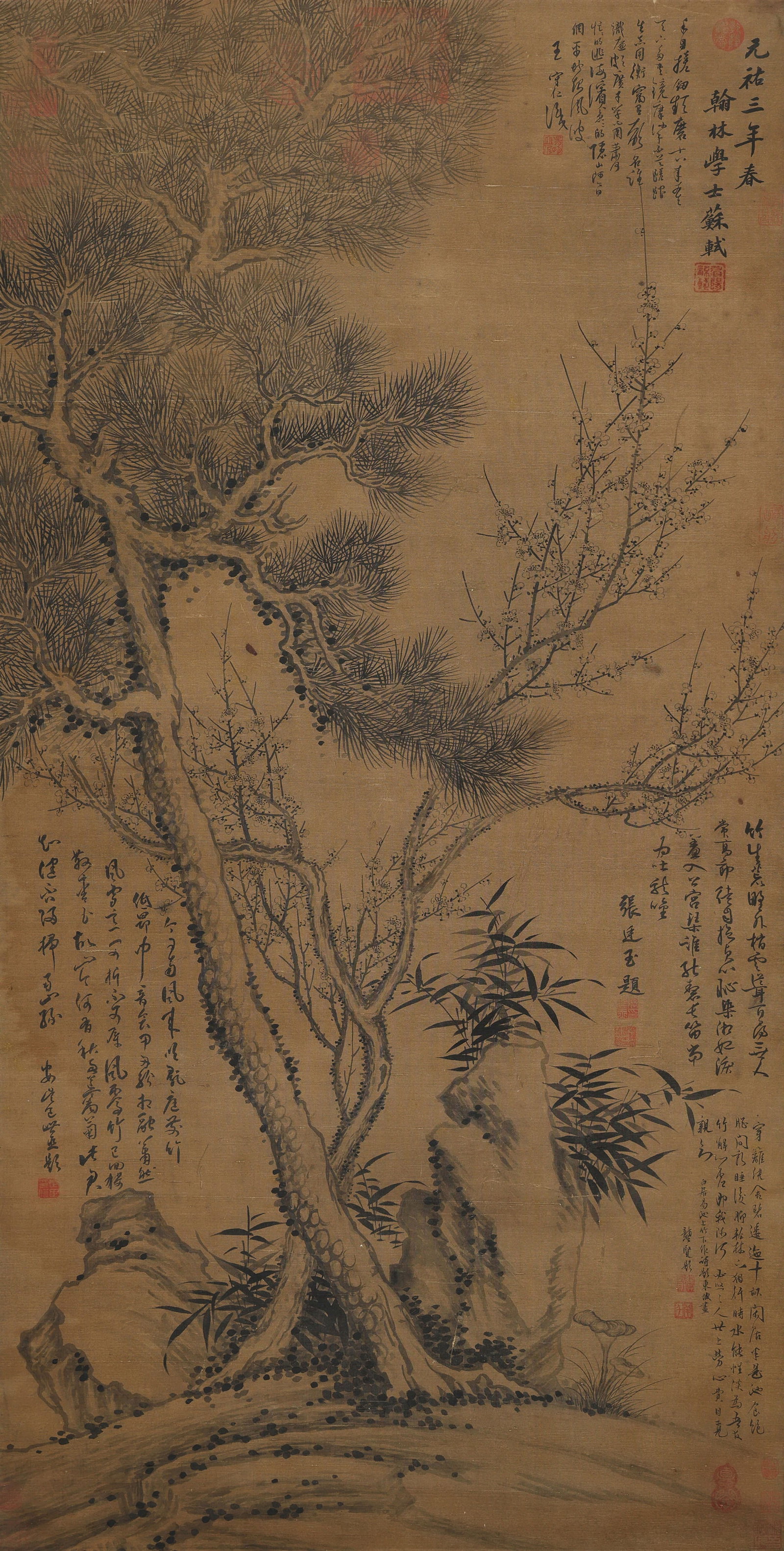 Su Shi mark, Chinese Pine Tree and Prunus painting, Ink on Silk, Hanging Scroll (1 of 8)