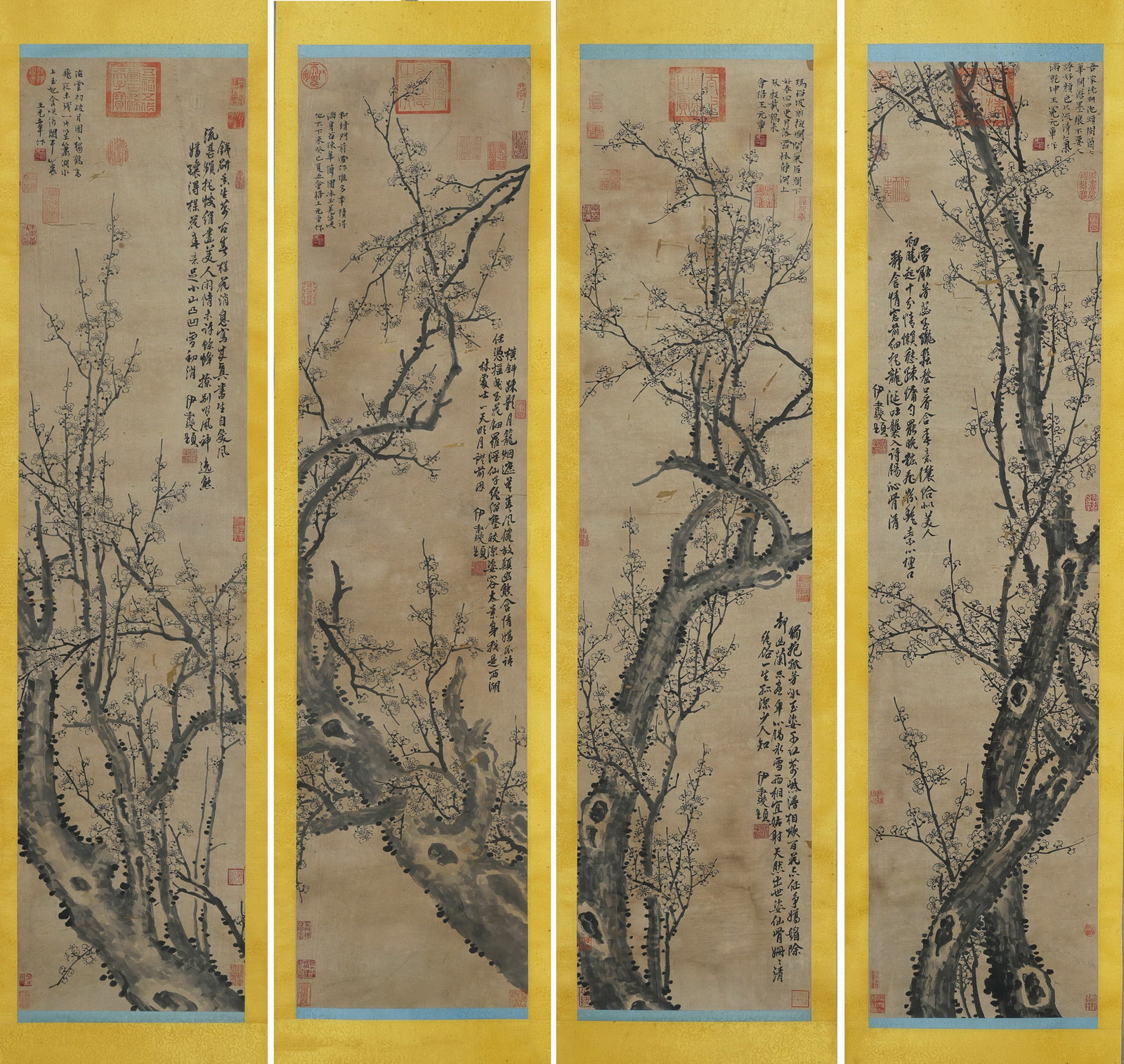 Wang Mian mark, Four Chinese Ink Prunus paintings, Ink and Color on Paper, Hanging Scroll (1 of 8)