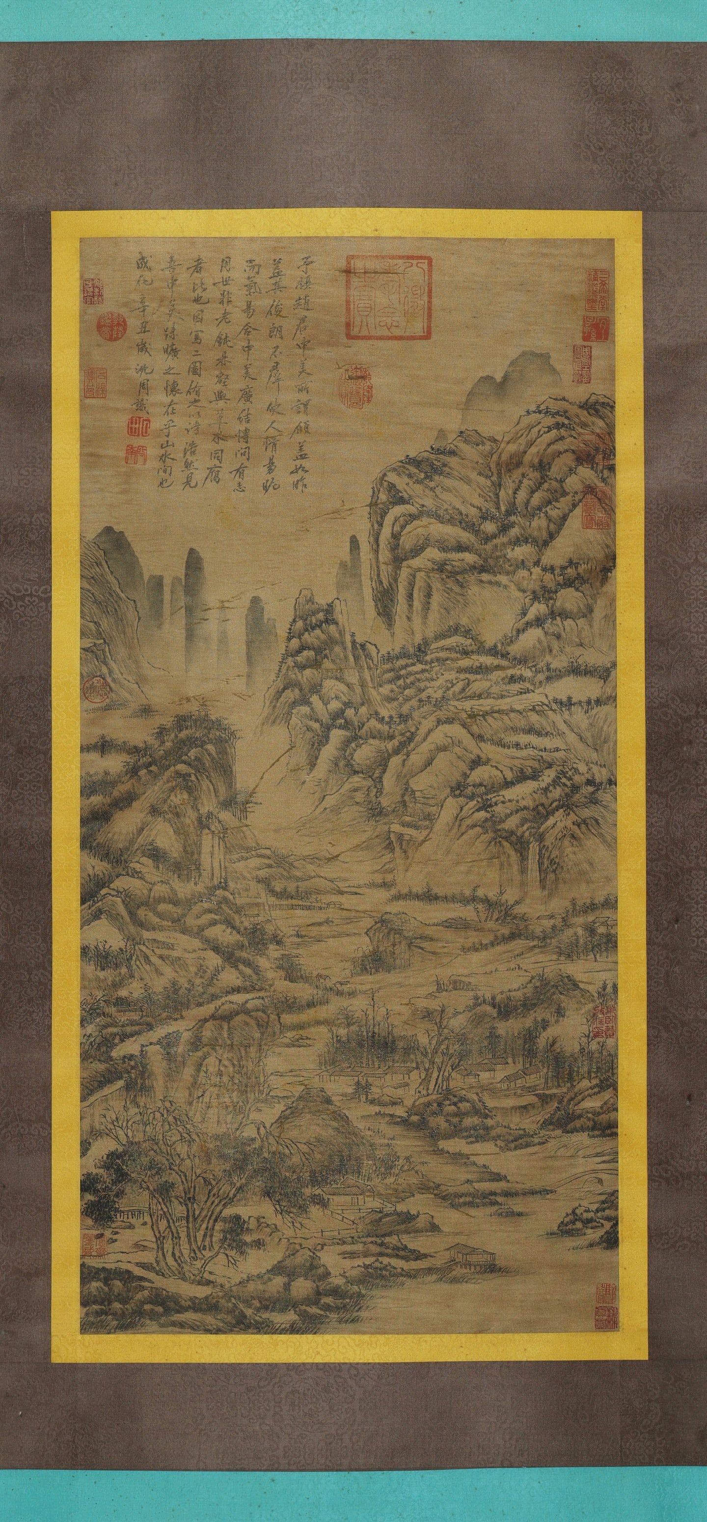 Shen Zhou mark, Chinese Landscape painting, Ink on Silk, Hanging Scroll (1 of 8)