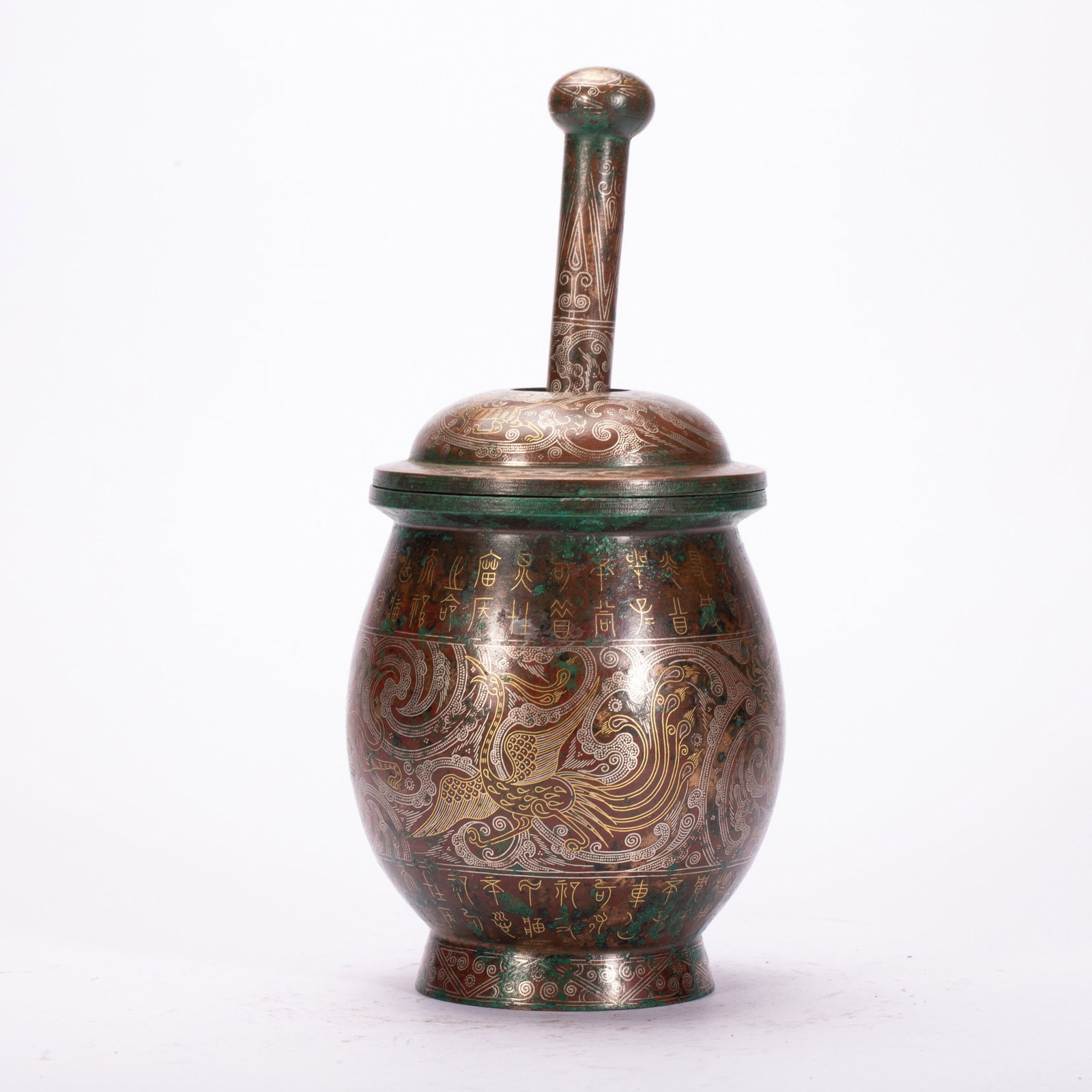 A Chinese Gold and Silver Inlaid Bronze Mortar and Pestle: A Chinese Gold and Silver Inlaid Bronze Mortar and Pestle (10 x 10 x 23cm,Weight 1650g)