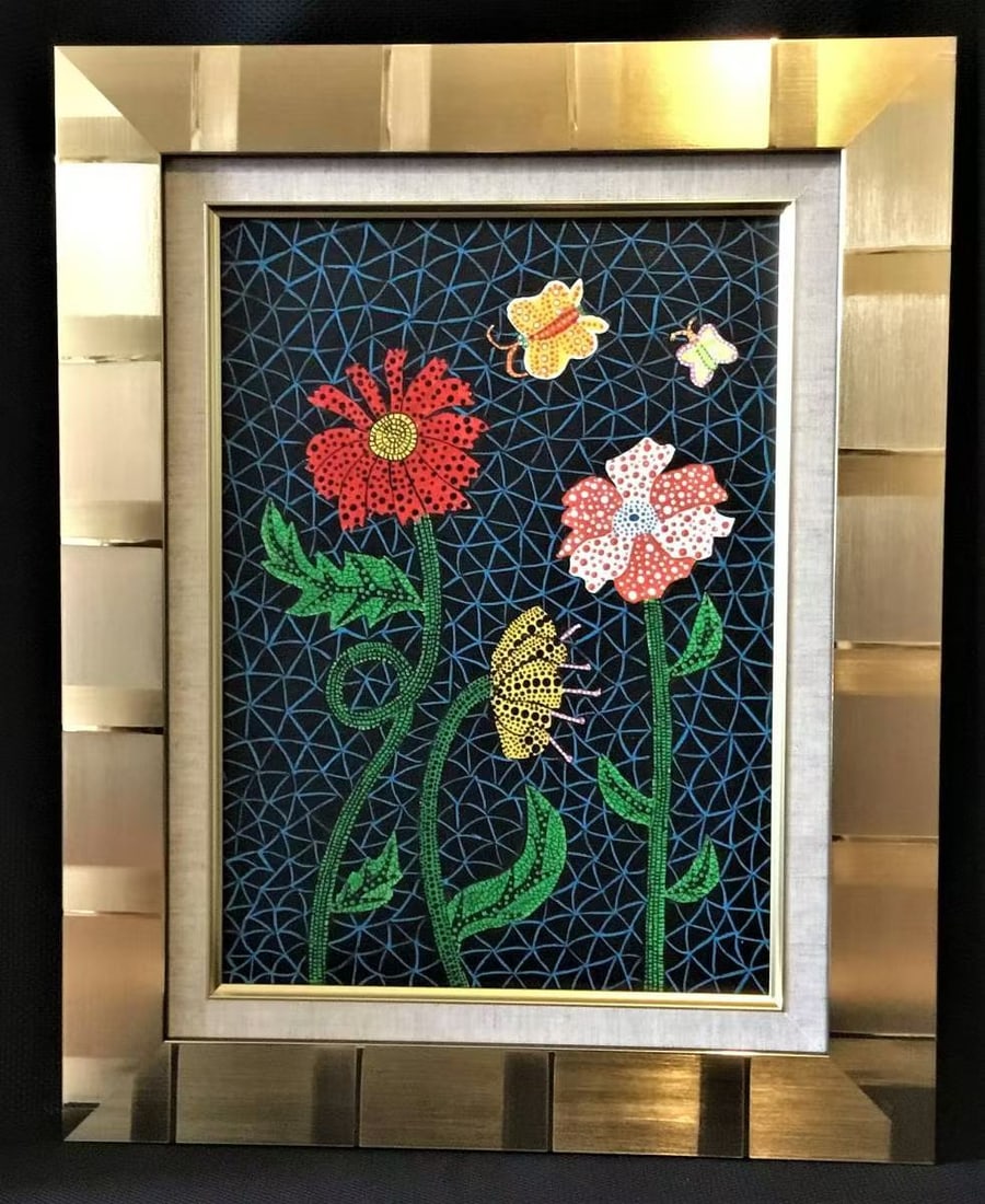 Drawing Flower with Butterfly Oil Painting,Yayoi Kusama Mark: Drawing Flower with Butterfly Oil Painting,Yayoi Kusama Mark (49 x 40cm)