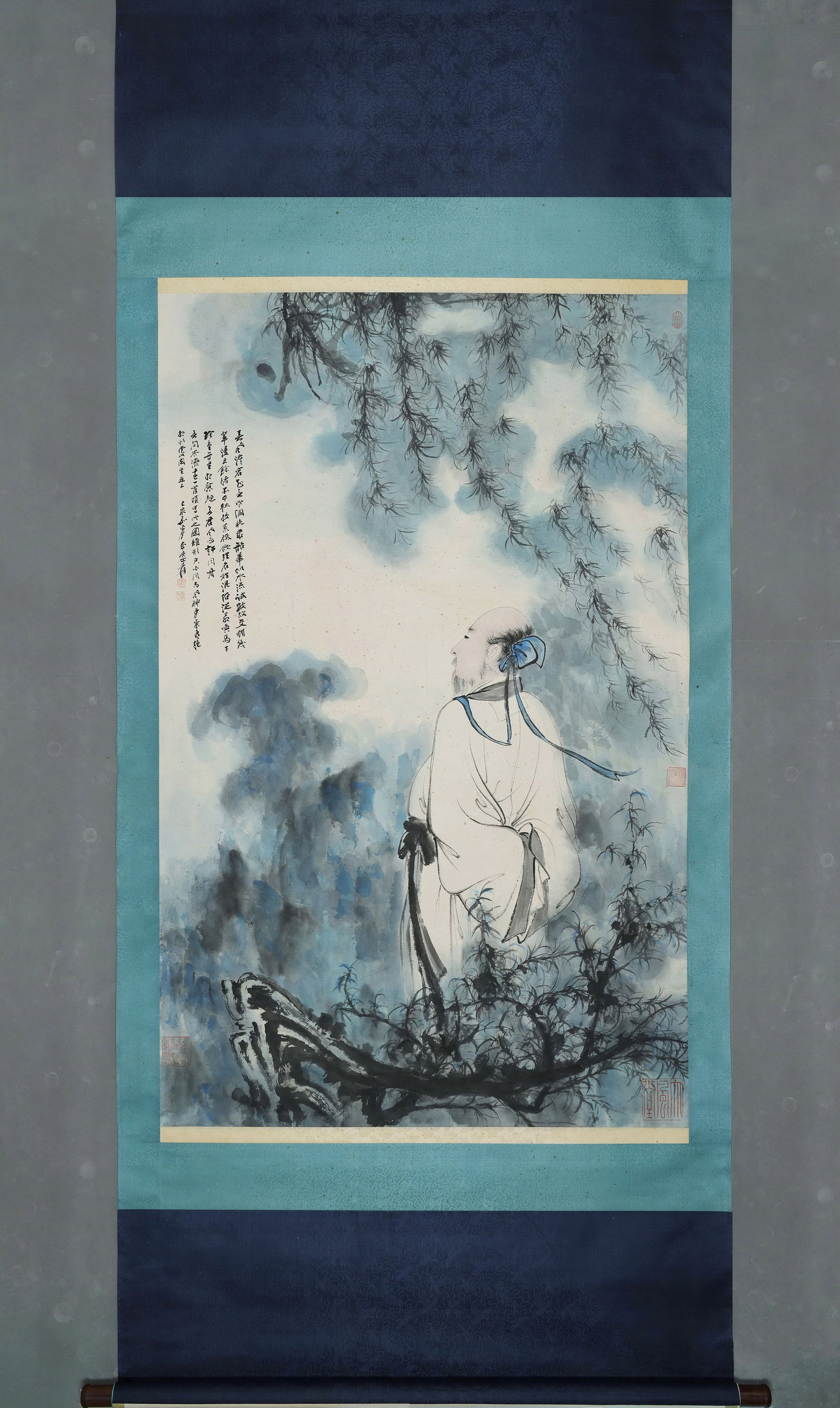 Zhang Daqian mark, Chinese Scholar Under Pine Tree painting, Ink and Color on Paper, Hanging Scroll: Zhang Daqian mark, Chinese Scholar Under Pine Tree painting, Ink and Color on Paper, Hanging Scroll (145 x 93cm)