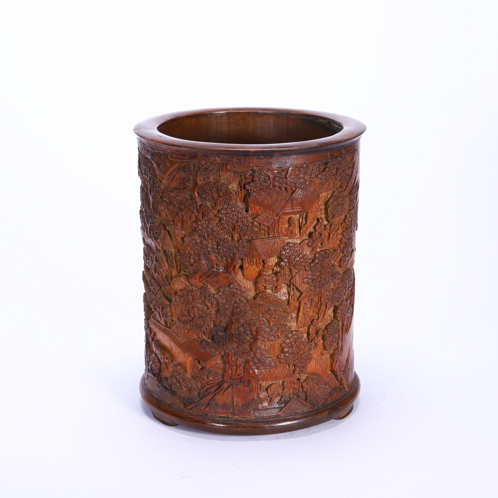 A Chinese Carved Bamboo Brush Pot with Landscape Scene (1 of 9)