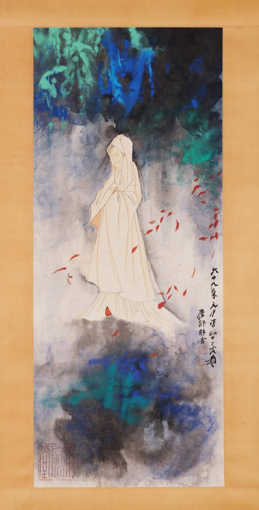 Chinese Drawing Colored Beauty and Flower Painting,Zhang Daqian Mark: Chinese Drawing Colored Beauty and Flower Painting,Zhang Daqian Mark (92 x 38cm)