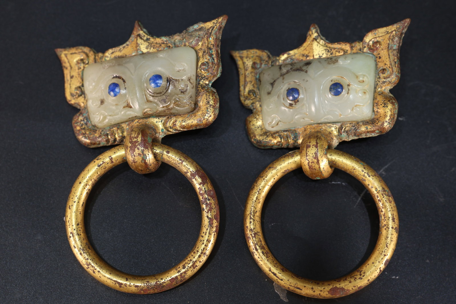 Pair of Gilt Bronze Inlaid Jade Carved Beast Face Pattern Ornament: Pair of Gilt Bronze Inlaid Jade Carved Beast Face Pattern Ornament (7.5 x 11.5 x 2.5cm)