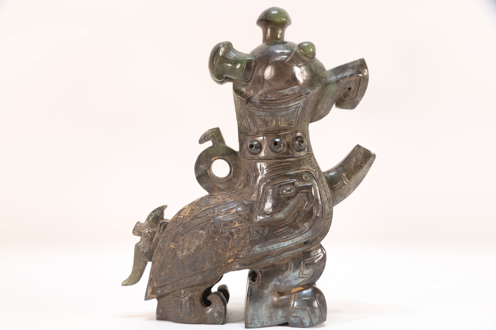 A Jade Carved Beast Face Pattern Bird Shape Figure - 6