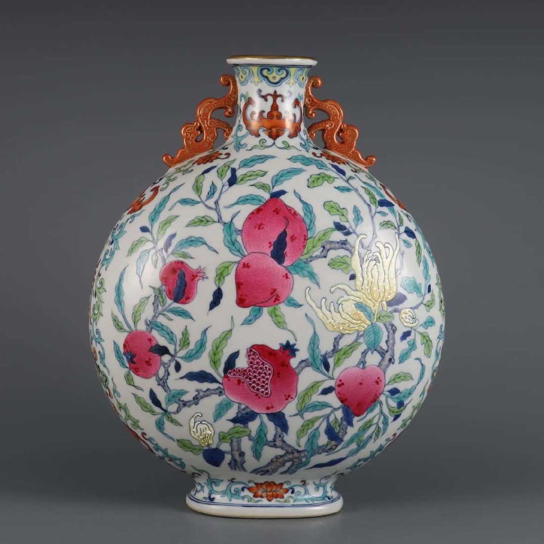Doucai Peach and Pomegranate & Buddha Hand Fruit Pattern Porcelain Double Dragon Ears Moon Shaped: Doucai Peach and Pomegranate & Buddha Hand Fruit Pattern Porcelain Double Dragon Ears Moon Shaped Vase (32.3 x 24 x 6.2cm)