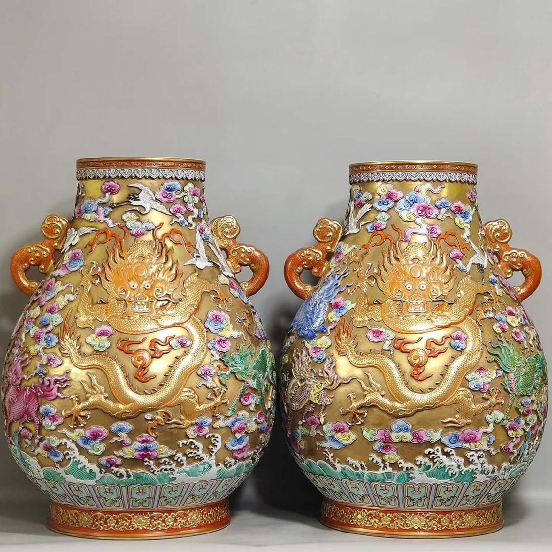 Pair of Famille Rose Cloud and Dragon Pattern Porcelain Double Dragon Ears Zun (1 of 9)