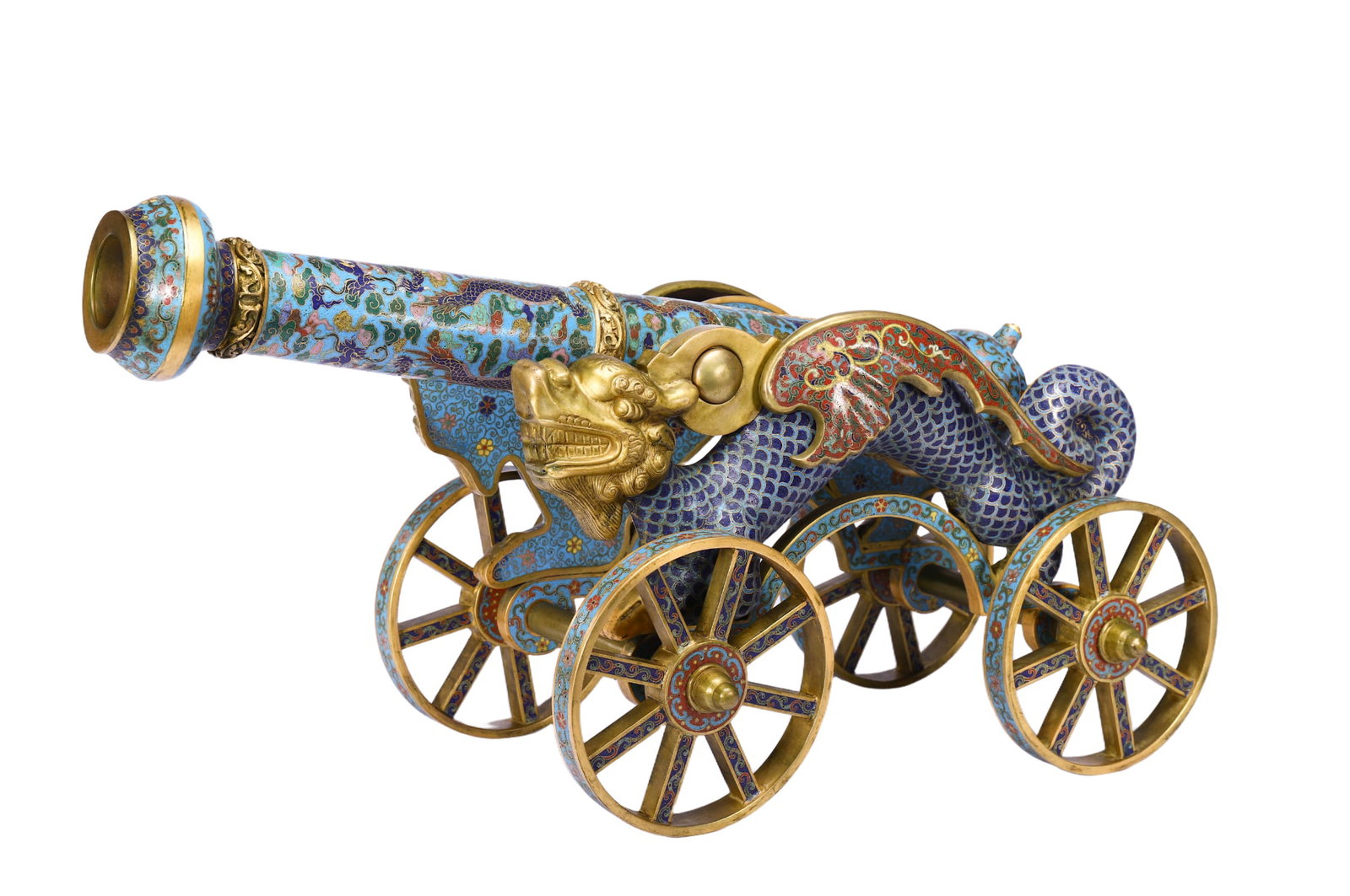 Chinese Gilt Bronze Cloisonné Dragon Cannon Ornament: Chinese Gilt Bronze Cloisonné Dragon Cannon Ornament (50 x 22 x 23cm,Weight 8360g)